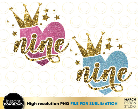 Glittered 9th Birthday Sublimable design for little queens. 9 year anniversary design with glitter and crown. Delight your kids with a great 9 birthday design. PNG file included. Buy now for a good price enjoy!