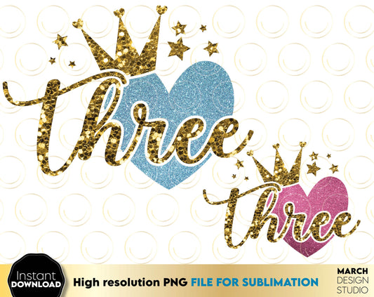 Golden glittered 3rd Birthday sublimation design for little queens. 3 year anniversary design with glitter and crown. Delight your kids with a great 3th birthday design. Buy now at a good price!