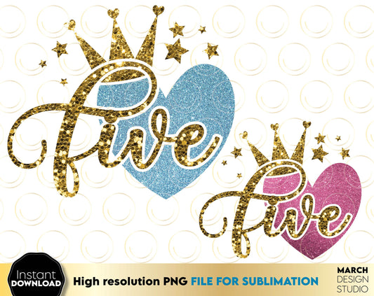 Glittered 5th Birthday Sublimable design for little queens. 5 year anniversary design with glitter and crown. Delight your kids with a great 5th birthday design. Buy now and enjoy!