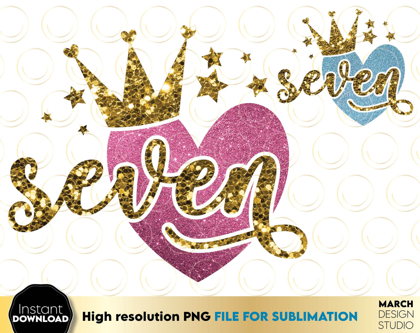 Glittered 7th Birthday Sublimable design for little queens. 7 year anniversary design with glitter and crown. Delight your kids with a great 7th birthday design. Buy now for a good price and enjoy!