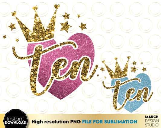 Glittered 10th Birthday Sublimable design for little queens. 10 year anniversary design with glitter and crown. Delight your kids with a great 10th birthday design. PNG file included. Buy now for agood price and enjoy!