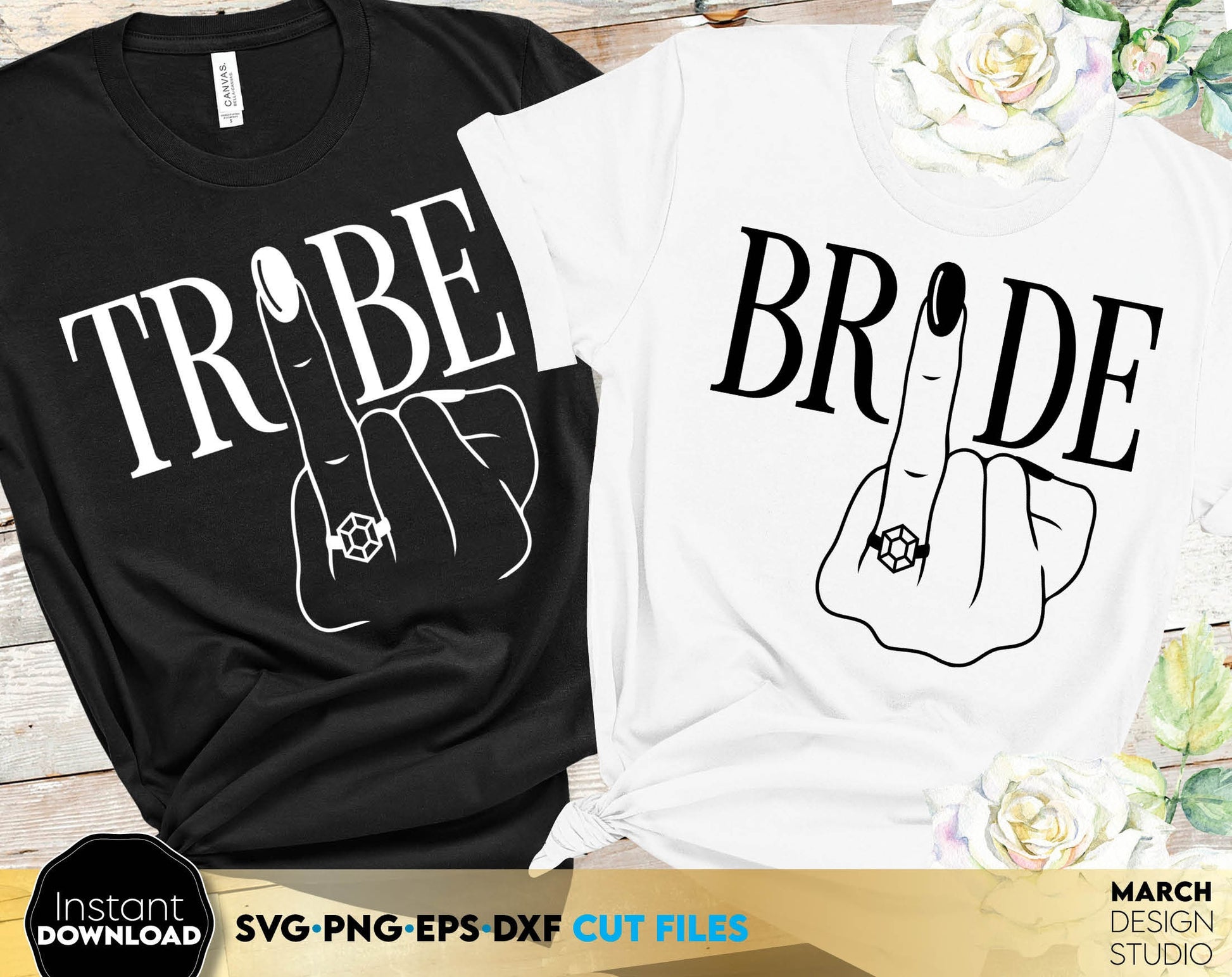 Tribe and Bride shirts designs set of two. SVG PNG EPS DXF files included. Compatible with Cricut, Silhouette or other equipment. Cut from vinyl, use for sublimation or laser cut projects. Buy now for a good price and enjoy!