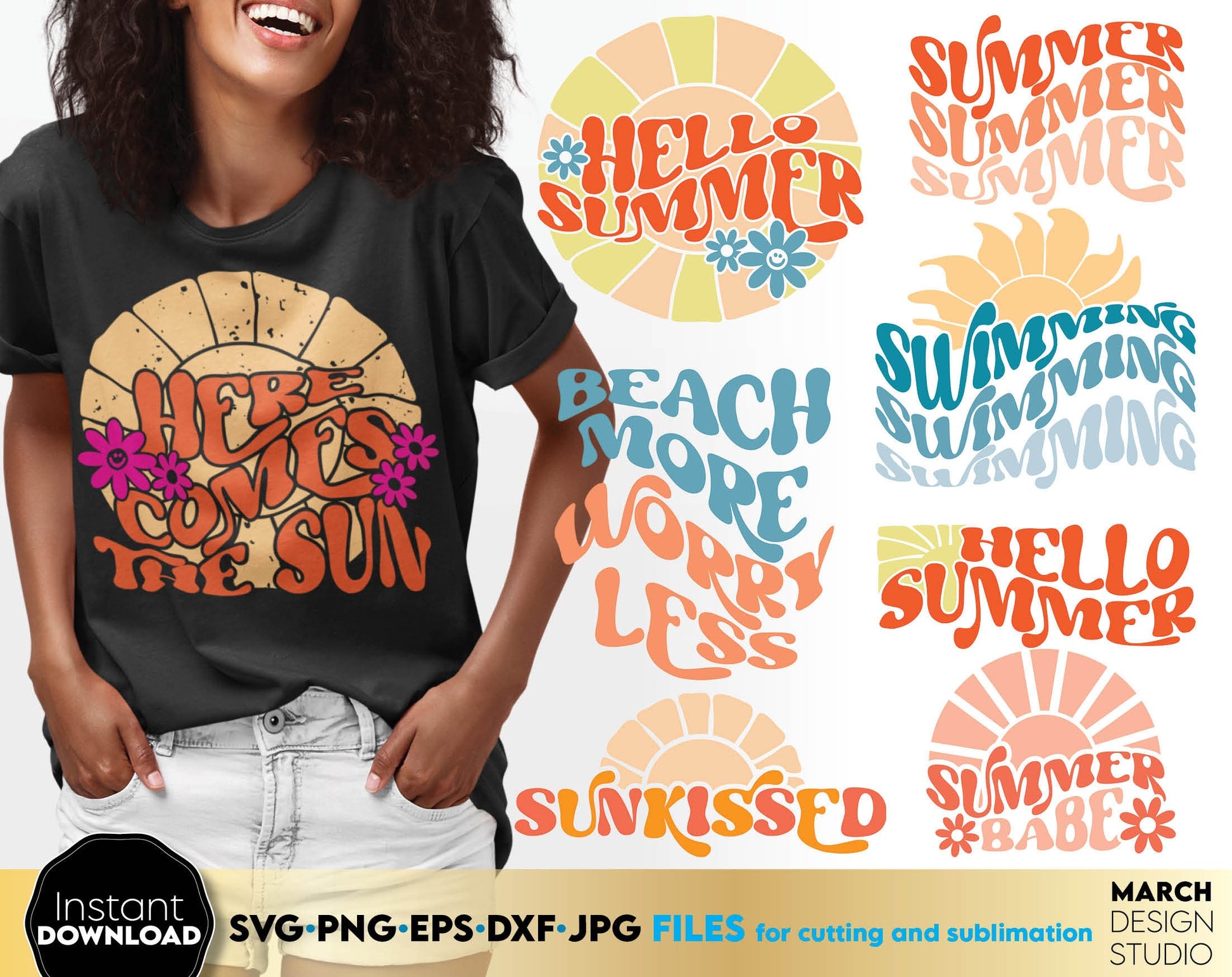 Colorful and fun designs for your summer clothes. Sun, sea and beach are the destination of summer vacation. Sublimate or vinyl cut these designs and make your summer colorful.