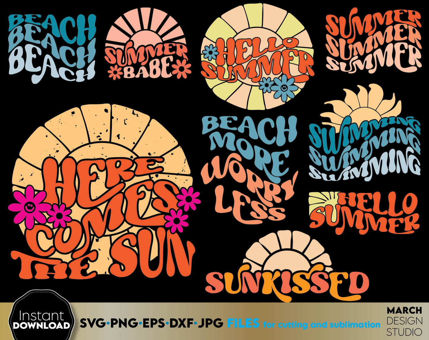 Colorful and fun designs for your summer clothes. Sun, sea and beach are the destination of summer vacation. SVG PNG EPS DXF JPG files included. Sublimate or vinyl cut these designs and make your summer colorful. Buy now for a good price and enjoy!