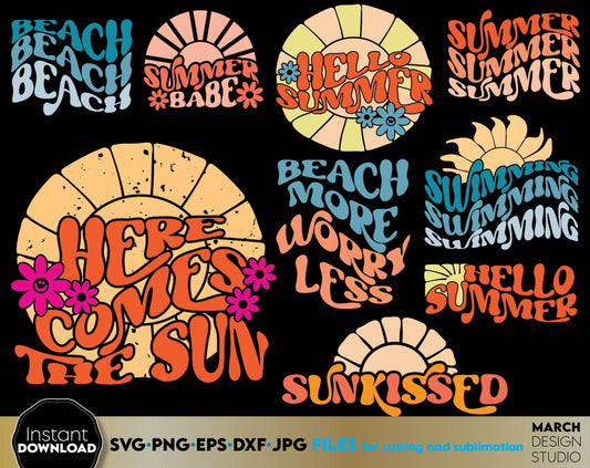 Colorful and fun designs for your summer clothes. Sun, sea and beach are the destination of summer vacation. SVG PNG EPS DXF JPG files included. Sublimate or vinyl cut these designs and make your summer colorful. Buy now for a good price and enjoy!