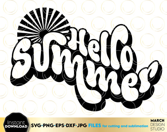 Hello Summer shirt design for Your summer vibes projects. SVG, PNG, JPG, EPS, DXF files included. Compatible with Cricut, Silhouette and others machines. Use for sublimation or laser cut projects as well. Buy now for a good - discount price. Enjoy!