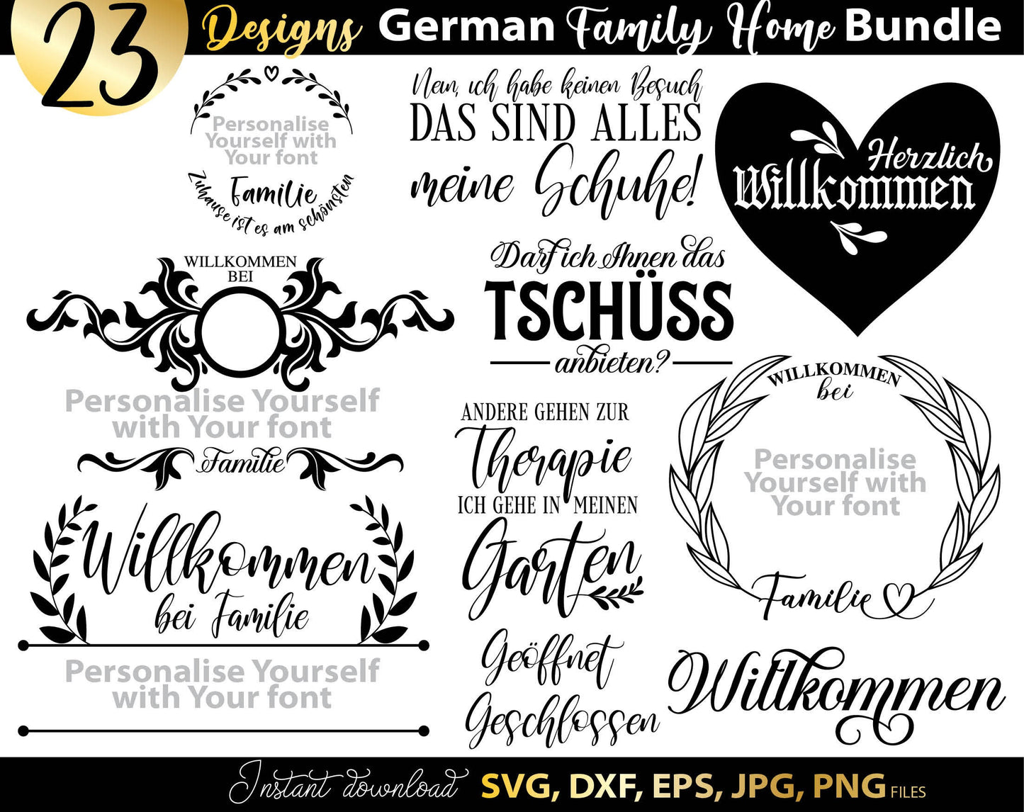 German Willkommen plotter file bundle. SVG DXF EPS JPG PNG files included. Compatible with Cricut, Silhouette or other equipment. Cut from vinyl, use for sublimation or laser cut or grave projects as well. Buy now for a good price and enjoy!