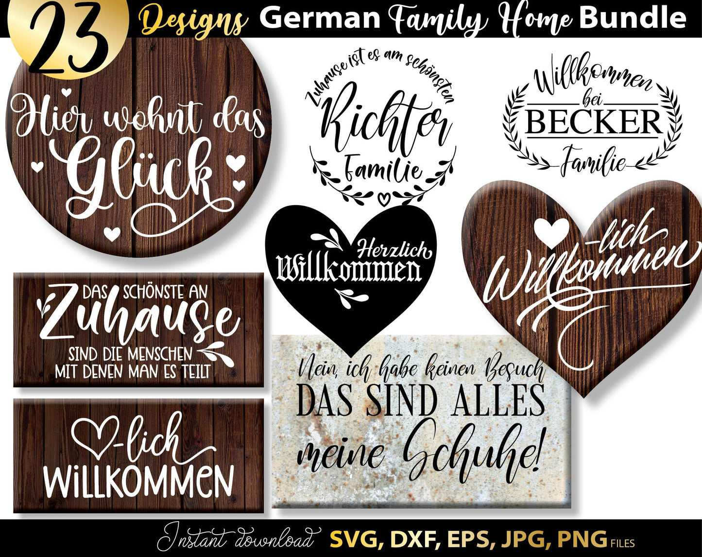 German Willkommen plotter file bundle. SVG DXF EPS JPG PNG files included. Compatible with Cricut, Silhouette or other equipment. Cut from vinyl, use for sublimation or laser cut or grave projects as well. Buy now for a good price and enjoy!