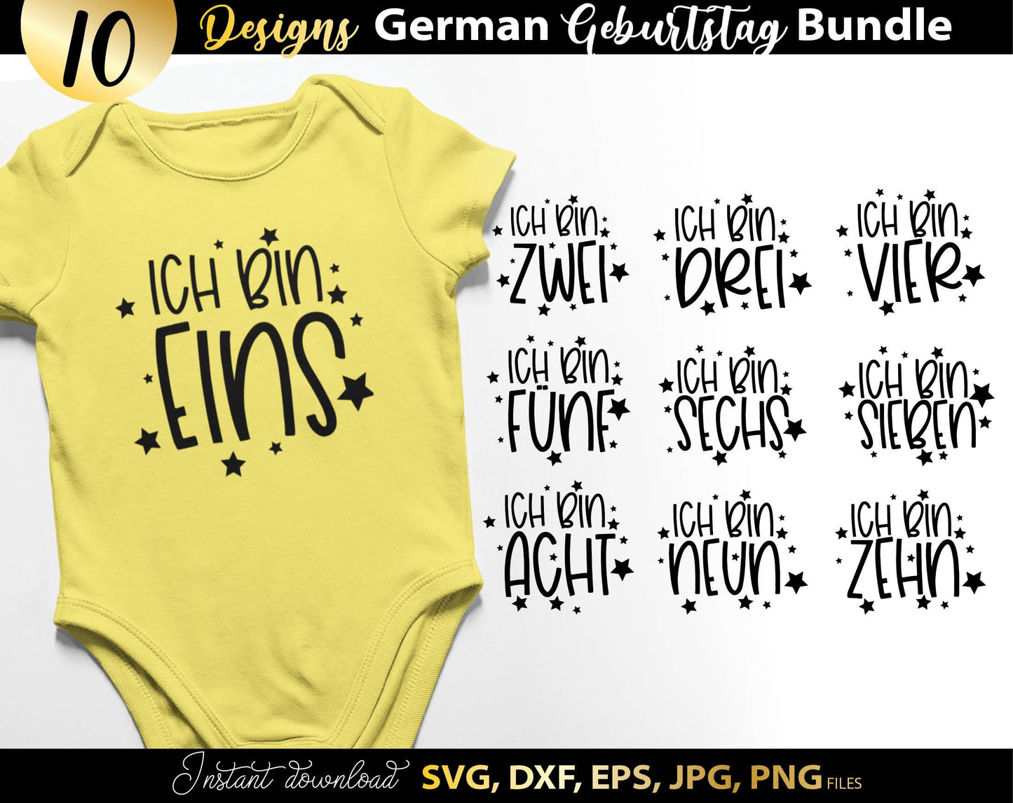 German Kind Geburtstag Plotter files bundle. SVG DXF PDF PNG files included. Compatible with Cricut, Silhouette or other equipment. Cut from vinyl, use for sublimation and laser cut or grave projects as well. Buy now for a good price and enjoy!