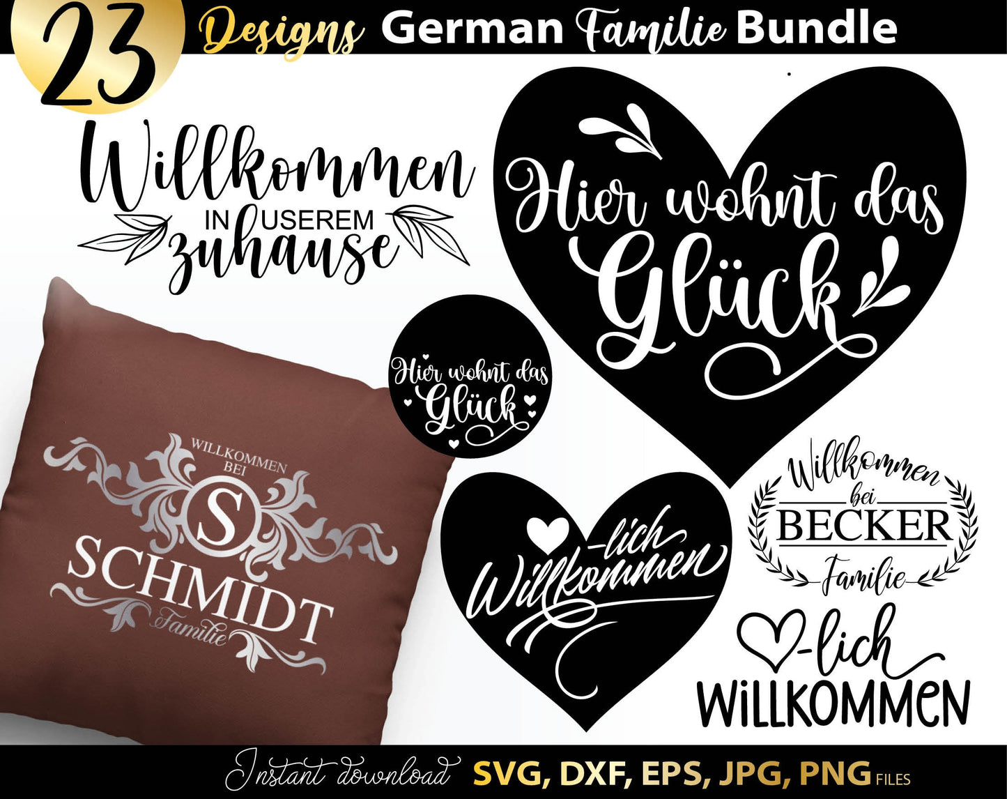 German Willkommen plotter file bundle. SVG DXF EPS JPG PNG files included. Compatible with Cricut, Silhouette or other equipment. Cut from vinyl, use for sublimation or laser cut or grave projects as well. Buy now for a good price and enjoy!