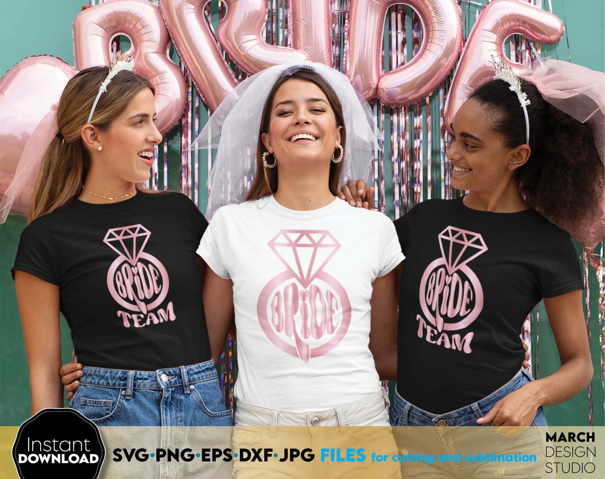 Bride and Bride team shirts design for You bachelorette party. svg, png, dxf, jpg, eps files included. Use for cutting from vinyl, sublimation or laser cut projects. Compatible with Cricut, Silhouette or other. Buy now for a good price and enjoy!