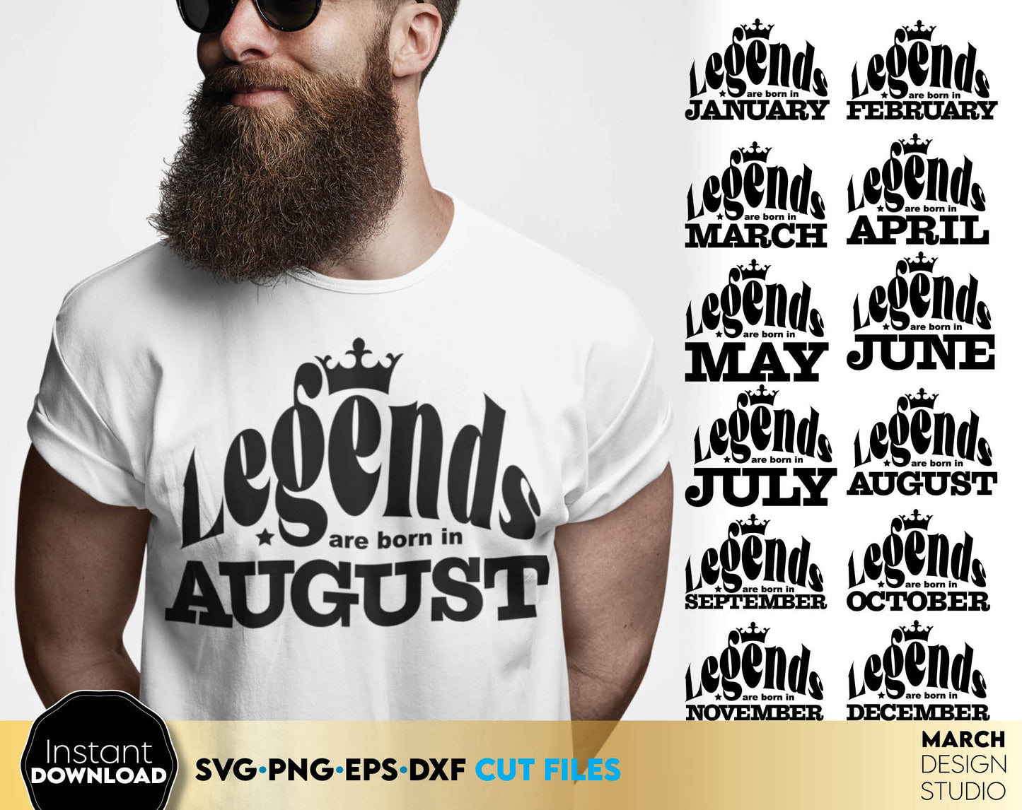 Legends are born In ... Fathers birthday shirts Bundle. All months of Year. Great Dad shirt design for a birthday. Legends are born in. SVG, PNG, DXF EPS files included. Use for cutting from vinyl, sublimation or laser cut projects. Buy now and enjoy