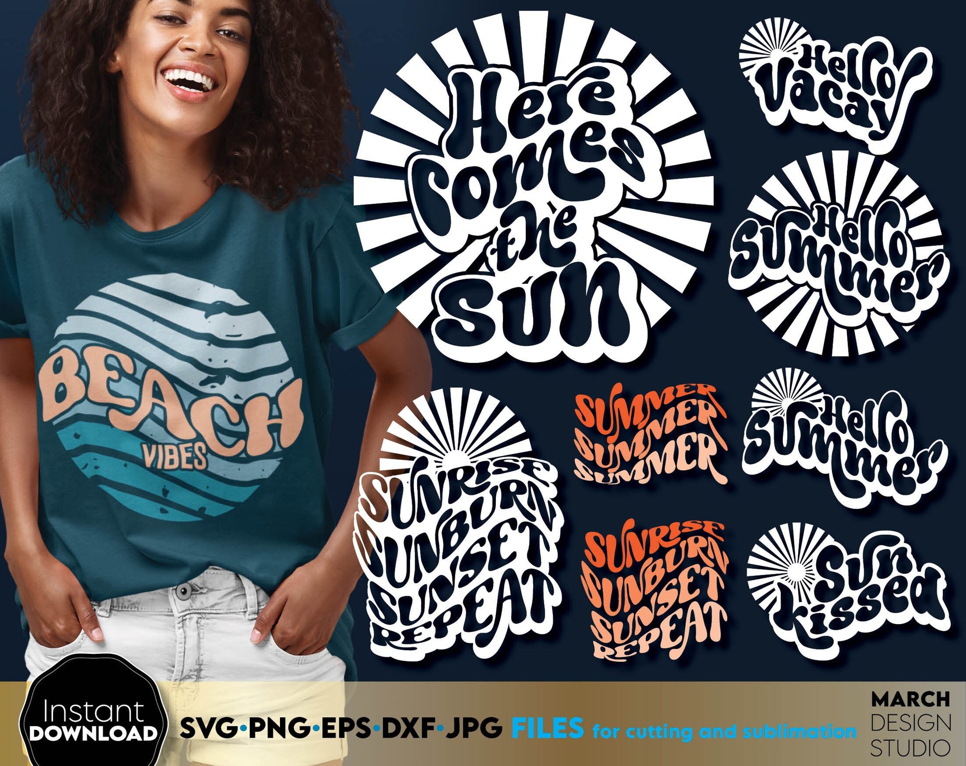 Hello summer bundle with Boho font on it. Use for Your summer trip shirts sublimation projects. Use for cutting form vinyl, sublimation or laser cut projects. Compatible with Cricut, Silhouette or Glowforge equipment! Buy now for a good price, enjoy!