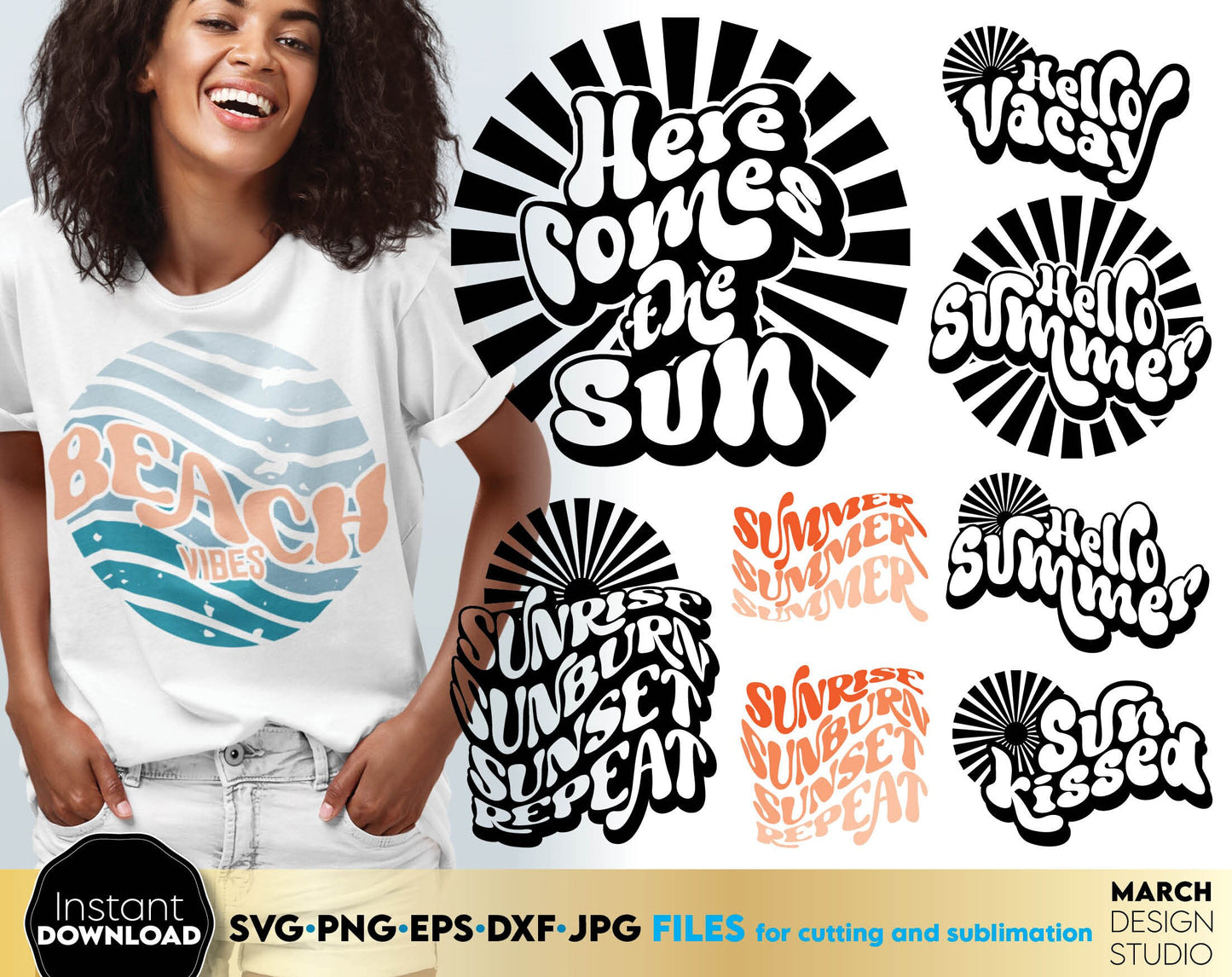 Hello summer bundle with Boho font on it. Use for Your summer trip shirts sublimation projects. Use for cutting form vinyl, sublimation or laser cut projects. Compatible with Cricut, Silhouette or Glowforge equipment! Buy now for a good price, enjoy!