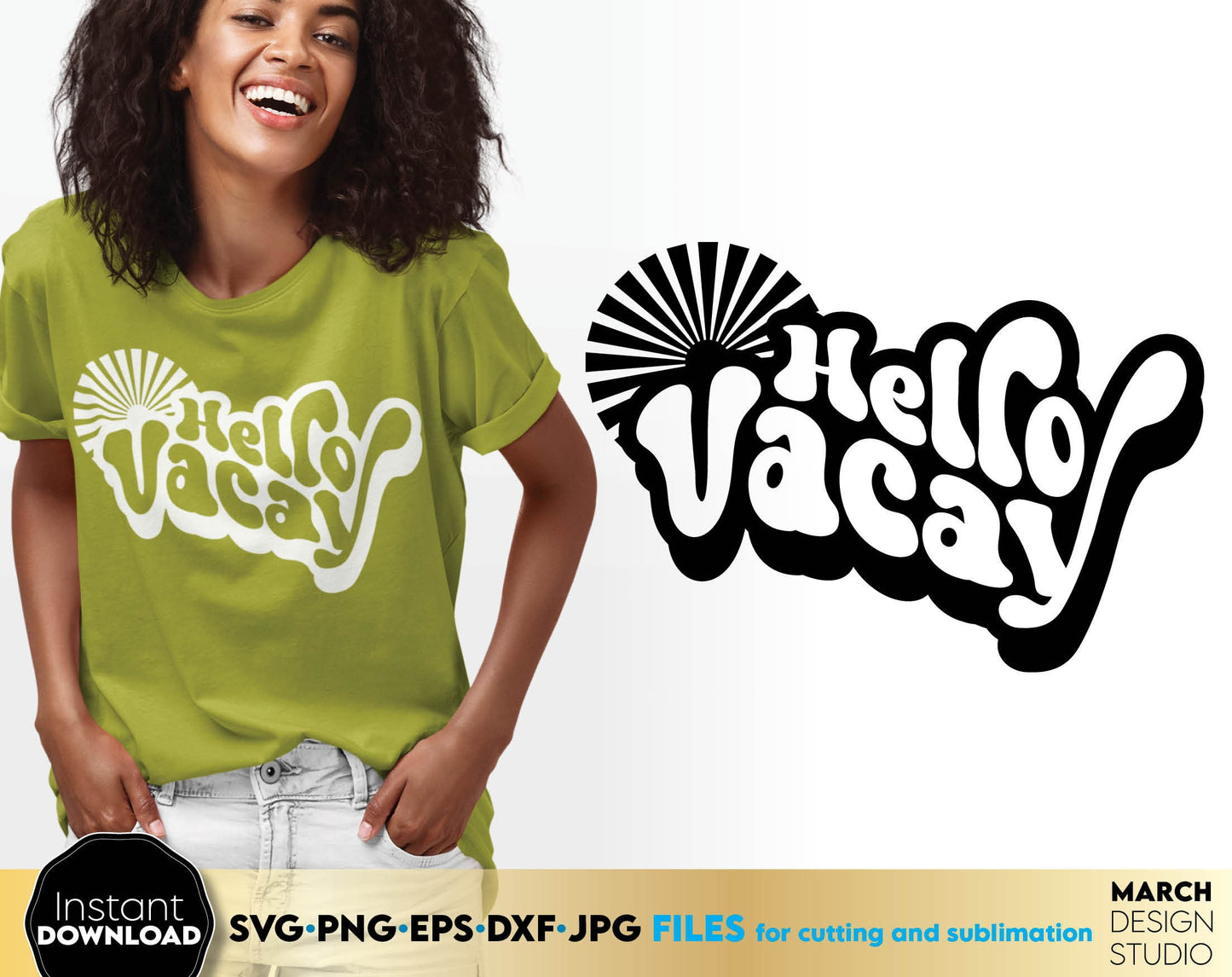 Hello Vacay Boho style shirt design. SVG PNG EPS DXF JPG files included. Compatible with Cricut, Silhouette or other equipment. Cut from vinyl, use for sublimation or laser cut/ grave projects. Buy now for a good price and enjoy!