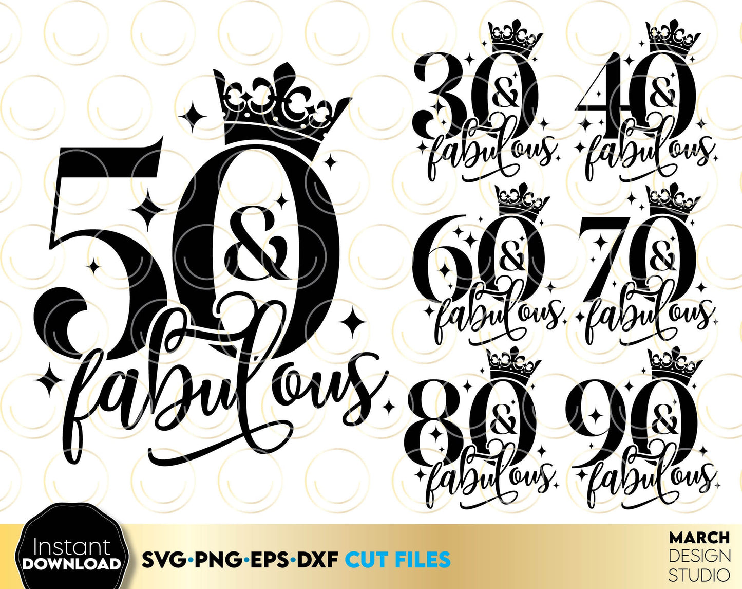 Birthday bundle - and fabulous for 50th and other anniversary birthdays. Svg files allow use design for cutting from vinyl. Gold glittered png for amazing sublimation projects. Use dxf for laser cut as well. Buy now for a good price and enjoy!