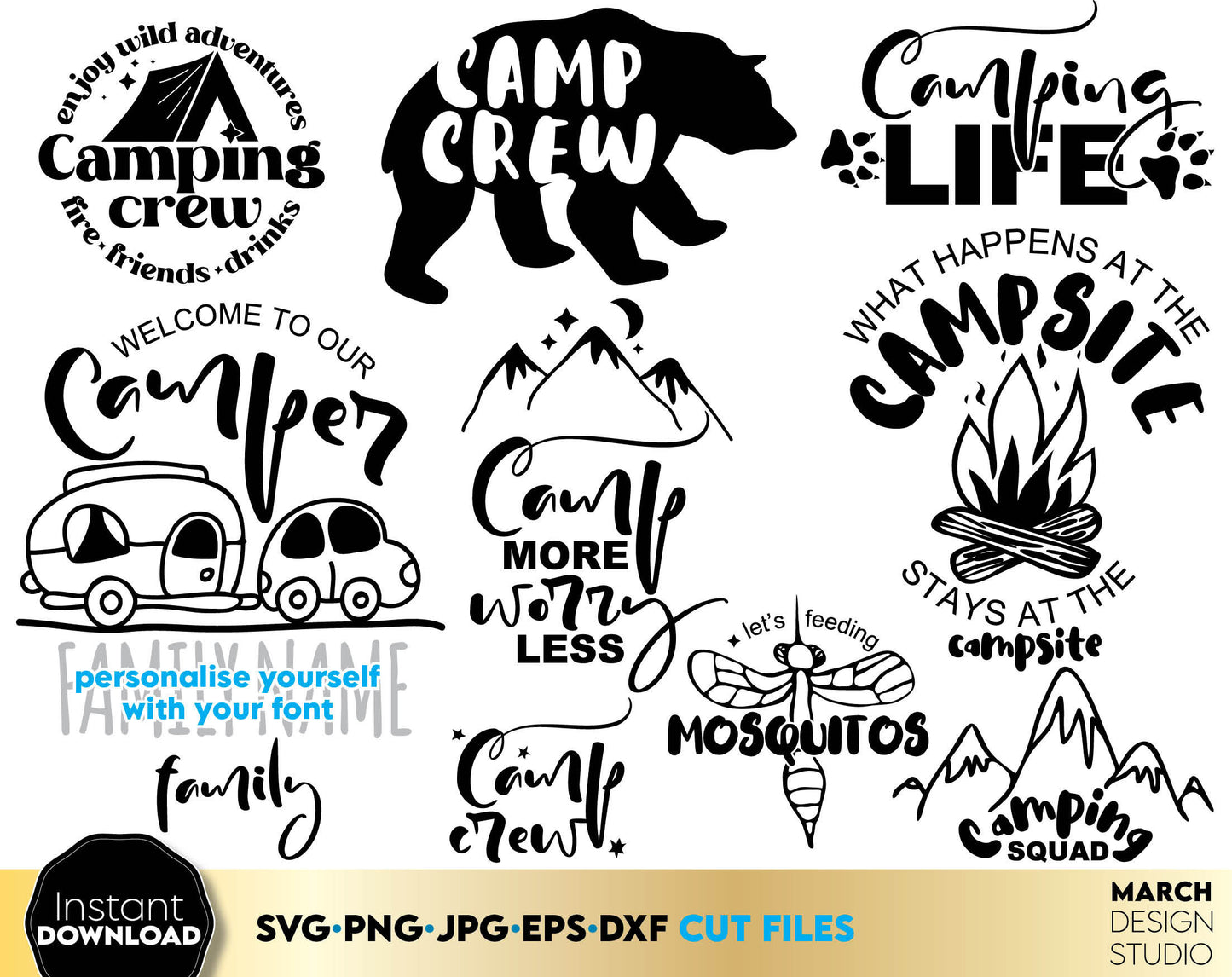 Camsite, Camp trip, Camper svg png bundle for Your family or friends summer trips. SVG, PNG, JPG, EPS, DXF files included. Use for cutting from vinyl, sublimation or laser cut projects. Compatible with Cricut, Silhouette equipment. Buy now and enjoy!