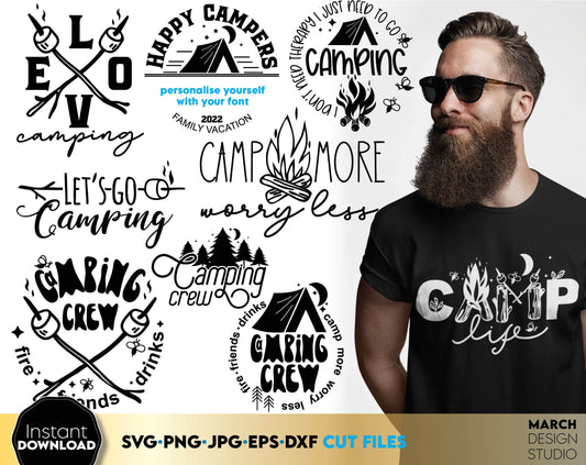 Camping life designs bundle. For original and matching shirts for your family or friends trip to camping. Compatible with Cricut, Silhouette or other machines. Cut from vinyl or use for sublimation projects. Buy now for a good price and enjoy!