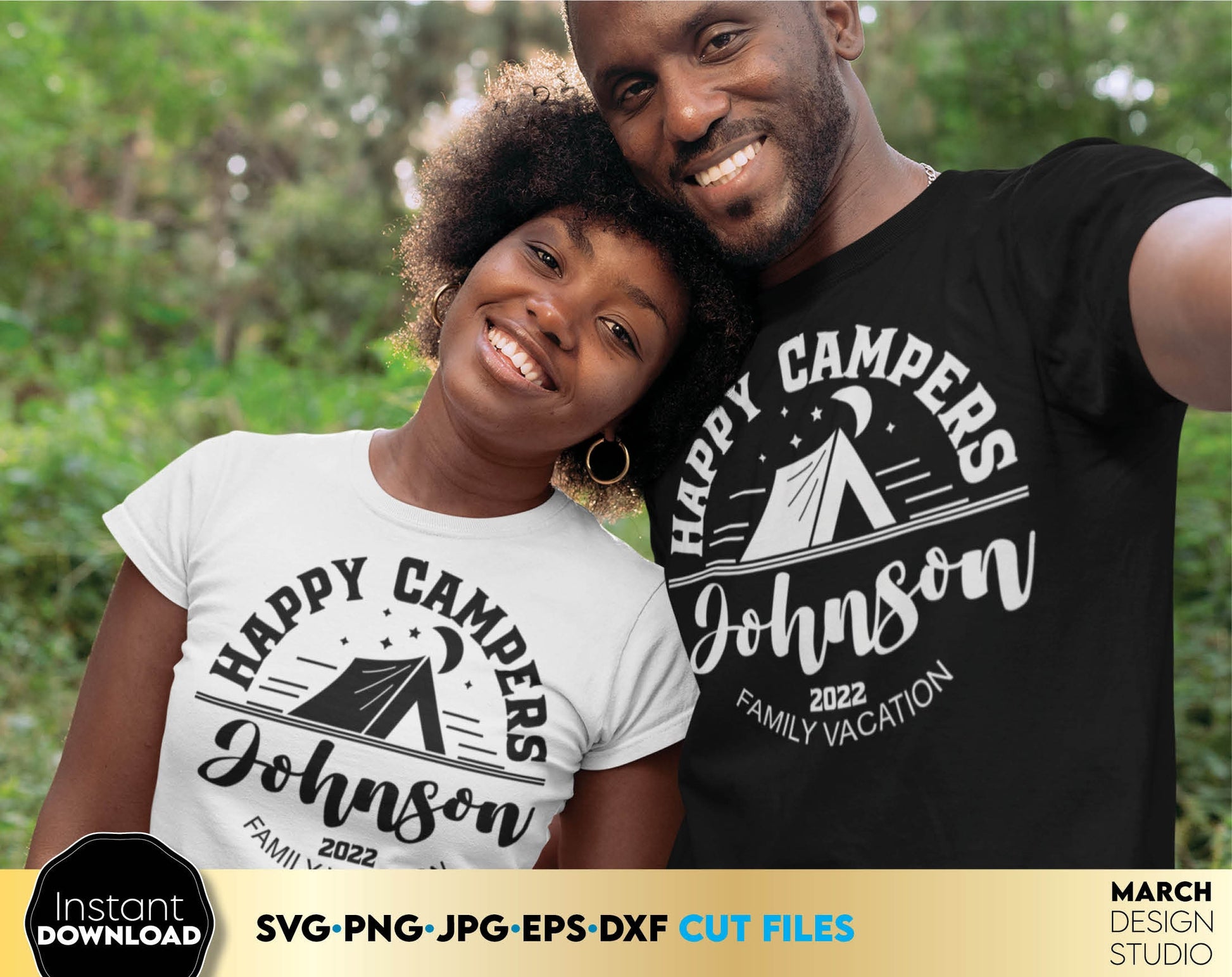 These Happy Campers custom with family name design for Your Summer Happy camper trip - is a great and thoughtful for a family Vacay shirts.
Use designs for making matching shirts, tumblers or others with Cricut, Silhouette or Glowforge equipment.