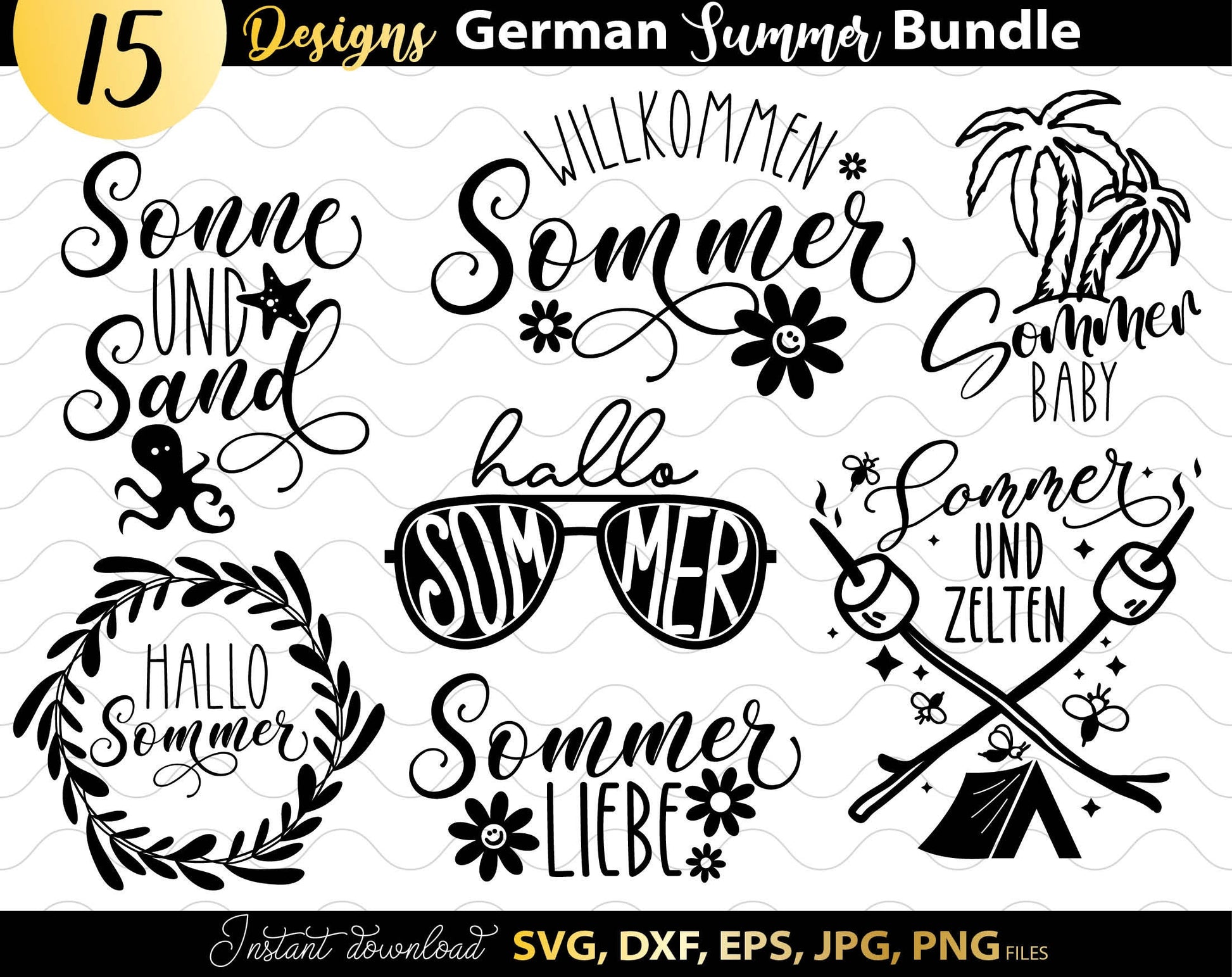 This German Sommer Svg Bundle will help you create a unique designs for your projects. All Plotter Cut Files come with Svg, Dxf, Png, Eps and Jpg files.
This bundle includes holiday and beach design templates ready to use.