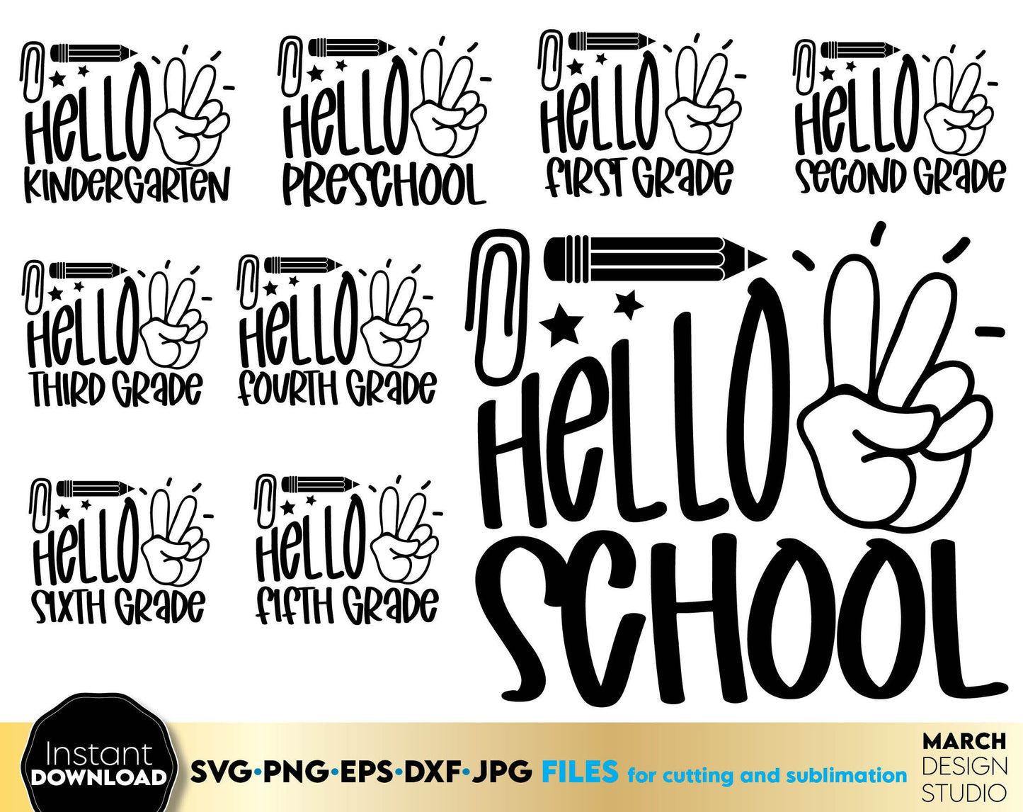 These Hello School Bundle designs you can use them to surprise and delight your students and kindergarteners. Files in various formats allow you to use designs for engraving on glass, making shirts, tumblers with Cricut, Silhouette machines.