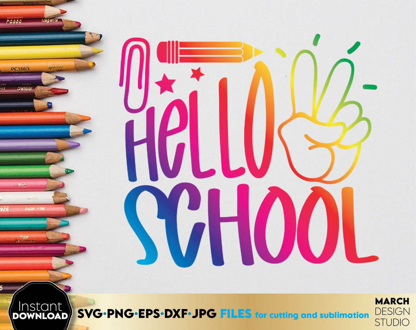 These Hello School SVG Bundle designs you can use them to surprise and delight your students and kindergarteners. Files in various formats allow you to use designs for engraving on glass, making shirts, tumblers with Cricut, Silhouette machines.