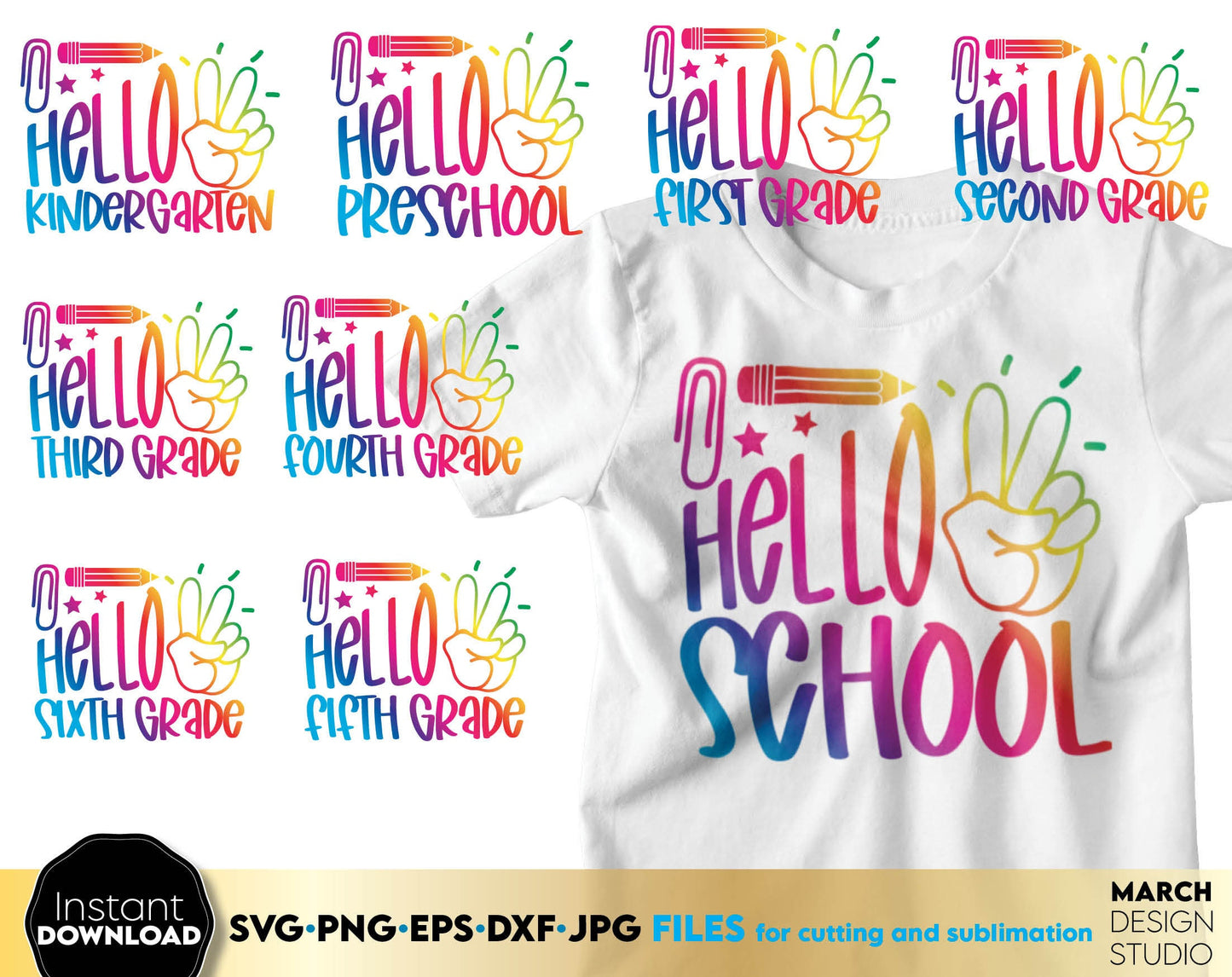 These Hello School SVG Bundle designs you can use them to surprise and delight your students and kindergarteners. Files in various formats allow you to use designs for engraving on glass, making shirts, tumblers with Cricut, Silhouette machines.