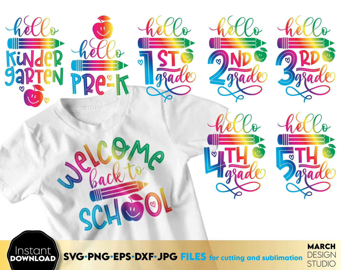 These Hello School Sublimation design you can use to surprise and delight your students and kindergarteners. SVG, PNG, EPS, DXF, JPG files included and allow you to use designs for engraving on glass, making shirts, tumblers with Cricut, Silhouette.