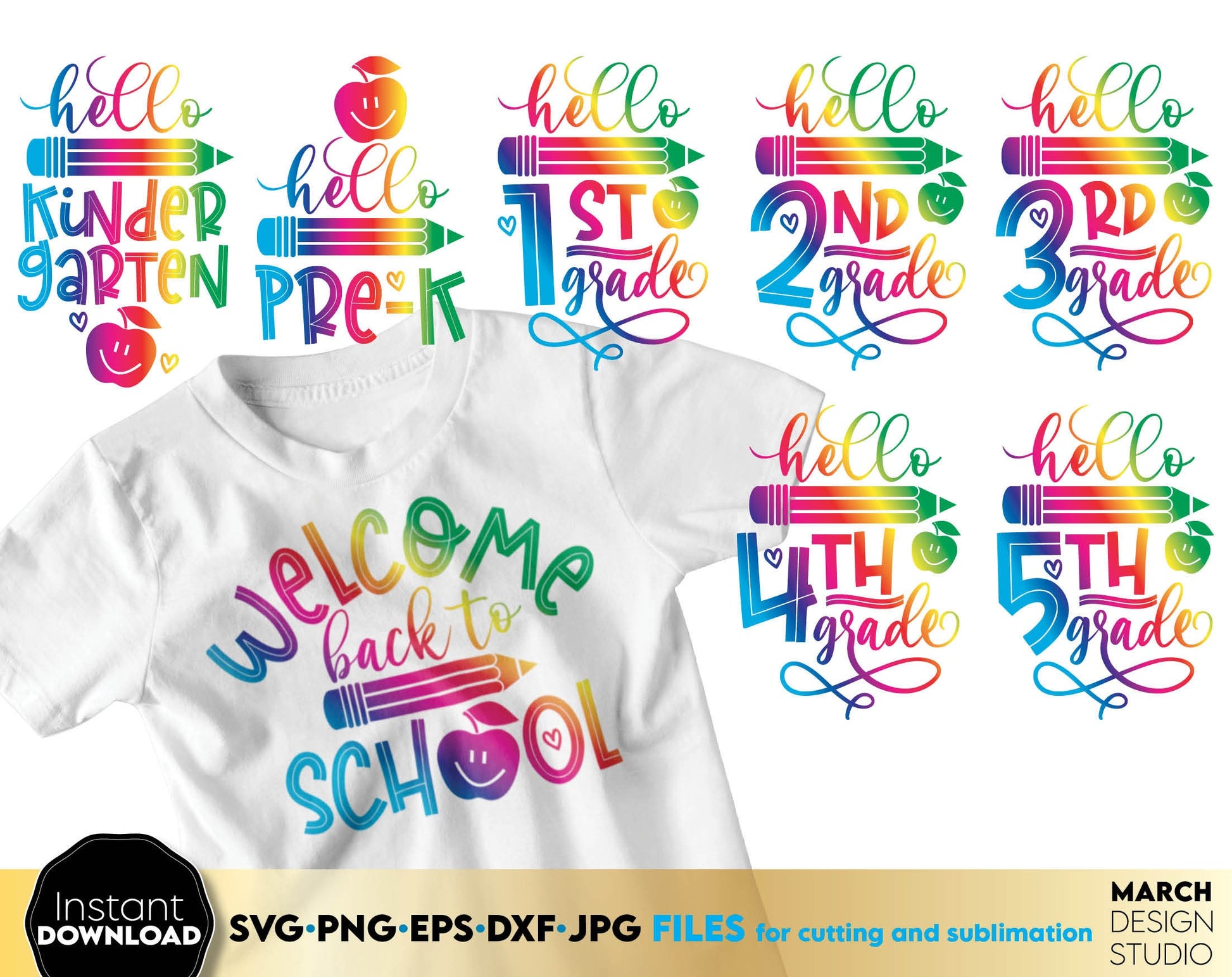 These Hello School Sublimation design you can use to surprise and delight your students and kindergarteners. SVG, PNG, EPS, DXF, JPG files included and allow you to use designs for engraving on glass, making shirts, tumblers with Cricut, Silhouette.