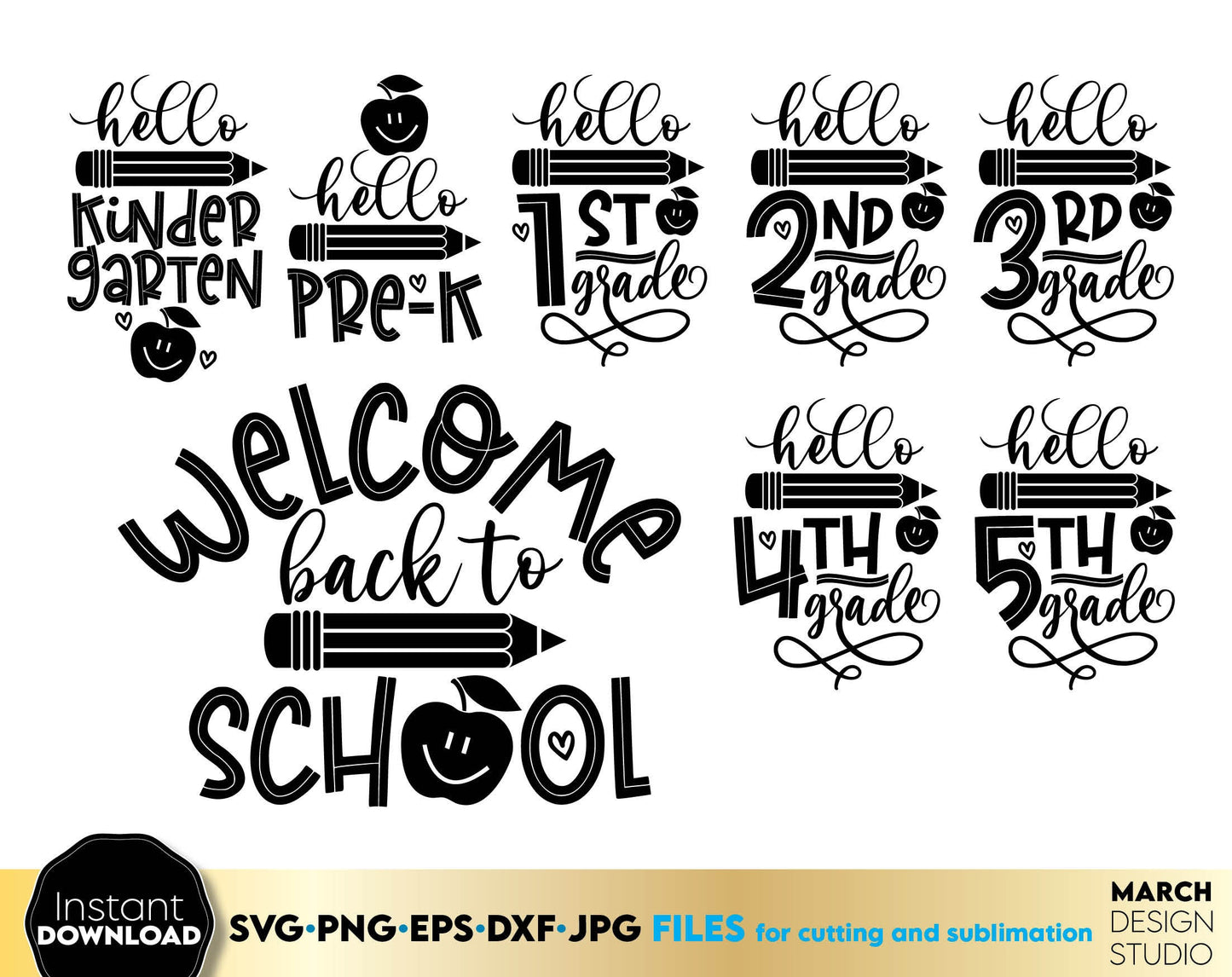 These Hello School Sublimation design you can use to surprise and delight your students and kindergarteners. SVG, PNG, EPS, DXF, JPG files included and allow you to use designs for engraving on glass, making shirts, tumblers with Cricut, Silhouette.