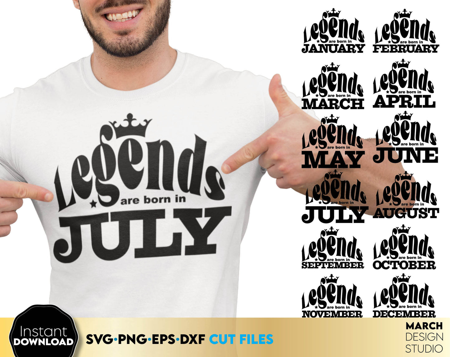 Legends are born In ... Fathers birthday shirts Bundle. All months of Year. Great Dad shirt design for a birthday. Legends are born in. SVG, PNG, DXF EPS files included. Use for cutting from vinyl, sublimation or laser cut projects. Buy now and enjoy