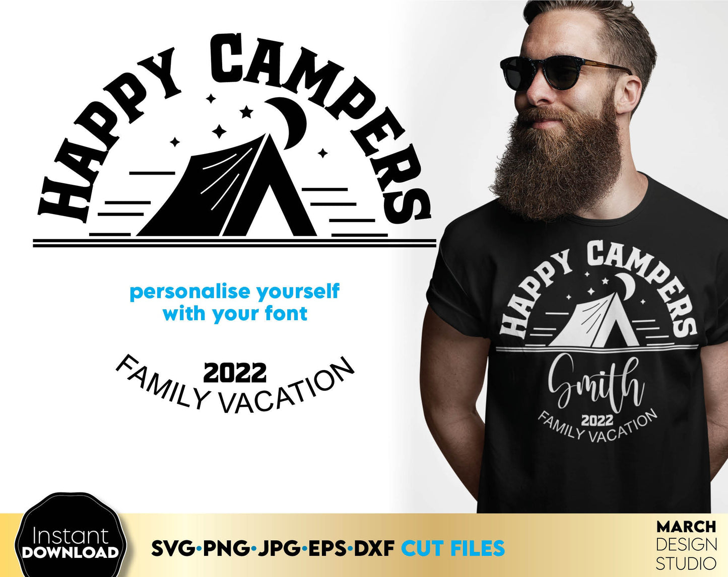 These Happy Campers custom with family name design for Your Summer Happy camper trip - is a great and thoughtful for a family Vacay shirts.
Use designs for making matching shirts, tumblers or others with Cricut, Silhouette or Glowforge equipment.