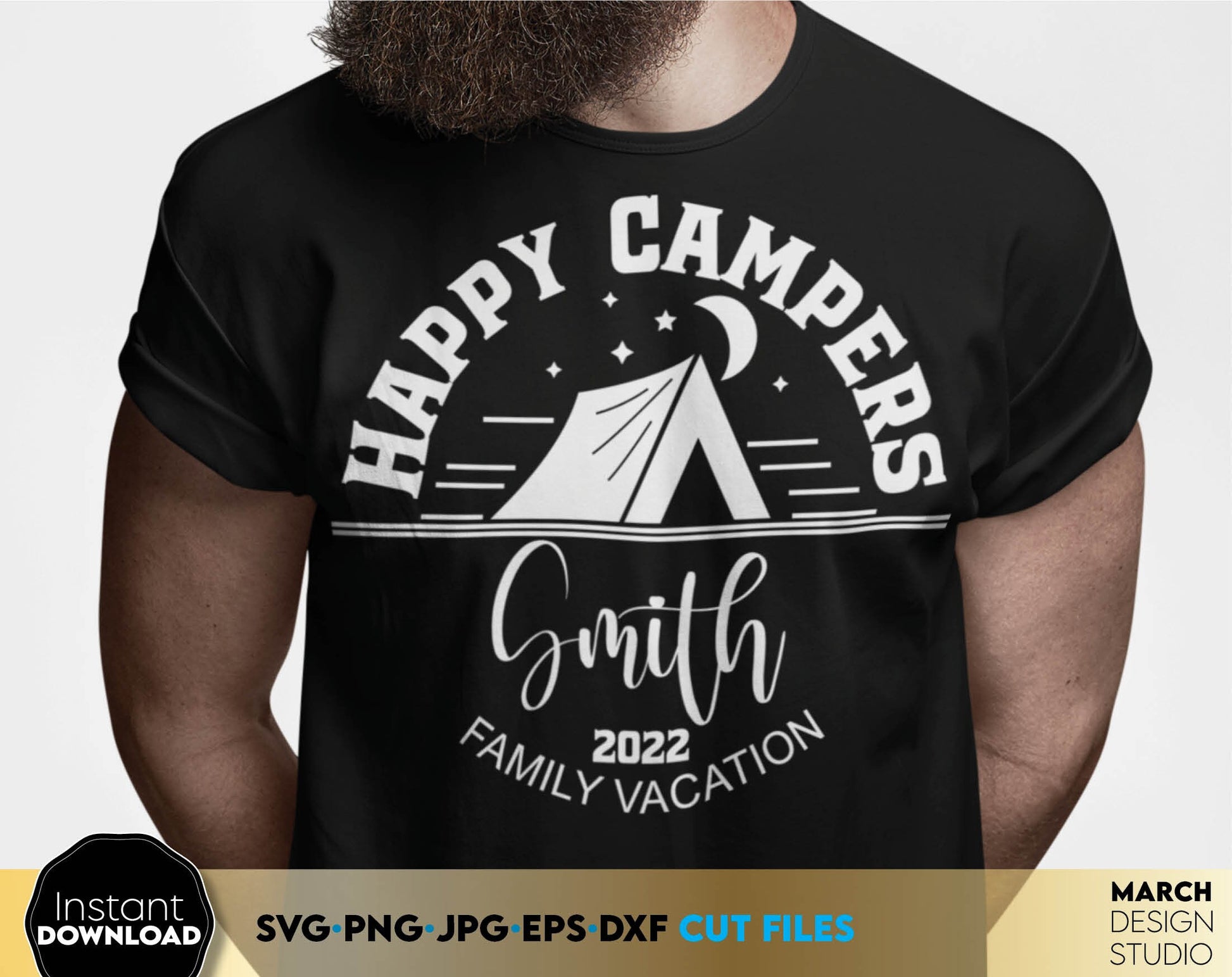 These Happy Campers custom with family name design for Your Summer Happy camper trip - is a great and thoughtful for a family Vacay shirts.
Use designs for making matching shirts, tumblers or others with Cricut, Silhouette or Glowforge equipment.