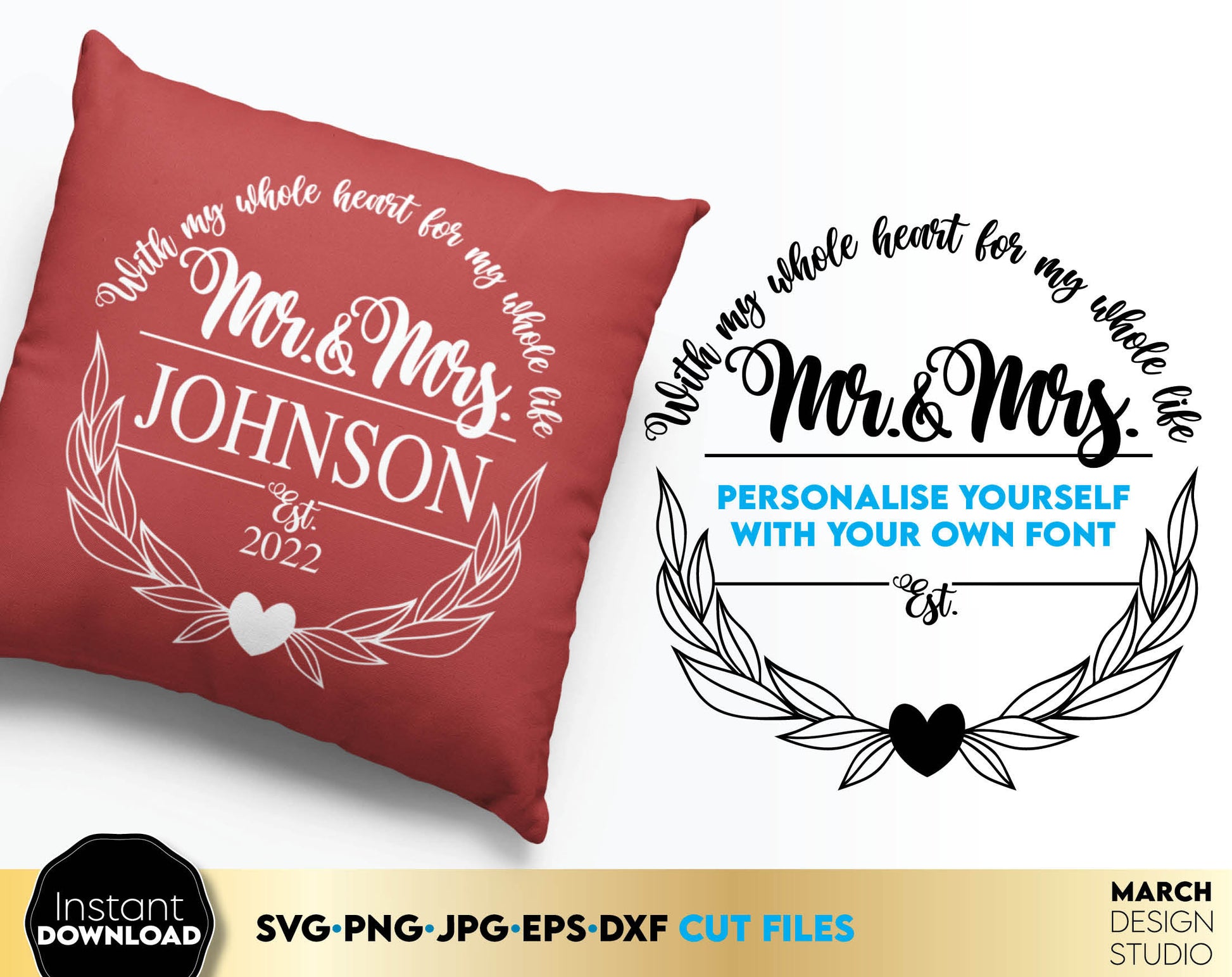 These Mr. and Mrs. wedding monogram SVG file designs, and I hope you can use them to surprise and delight your loved ones in an important event in life. Mr. and Mrs. SVG are great and thoughtful gifts for weddings, wedding anniversaries, etc.