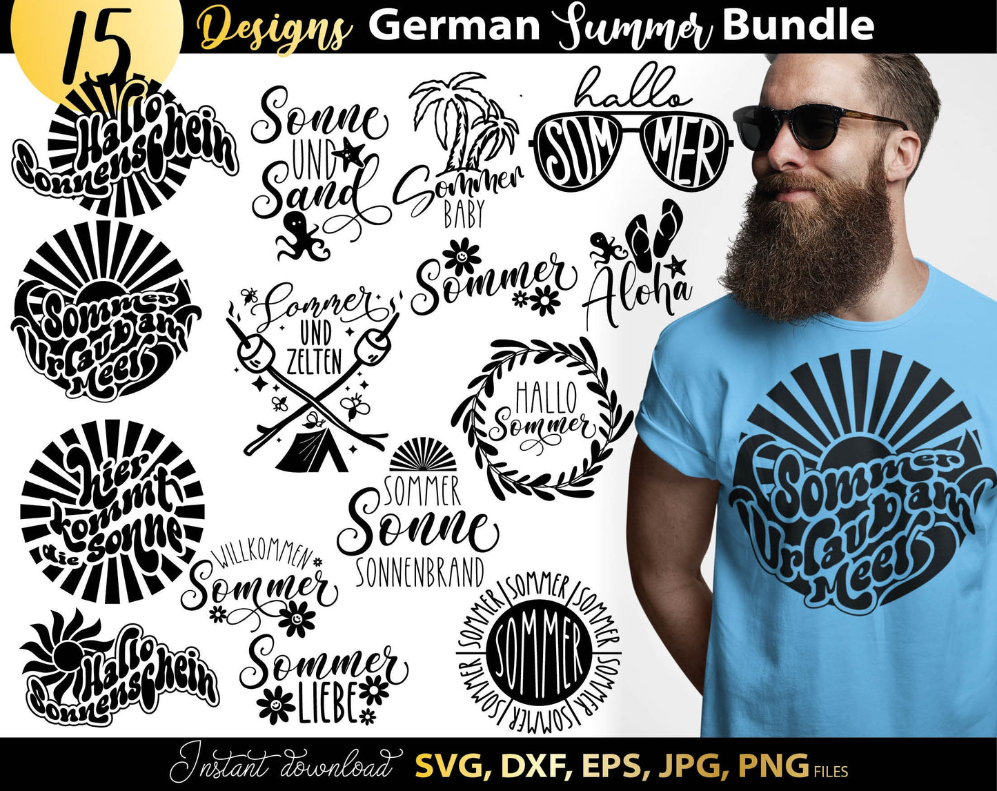 This German Sommer Svg Bundle will help you create a unique designs for your projects. All Plotter Cut Files come with Svg, Dxf, Png, Eps and Jpg files.
This bundle includes holiday and beach design templates ready to use.