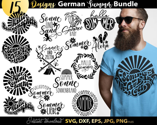 This German Sommer Svg Bundle will help you create a unique designs for your projects. All Plotter Cut Files come with Svg, Dxf, Png, Eps and Jpg files.
This bundle includes holiday and beach design templates ready to use.