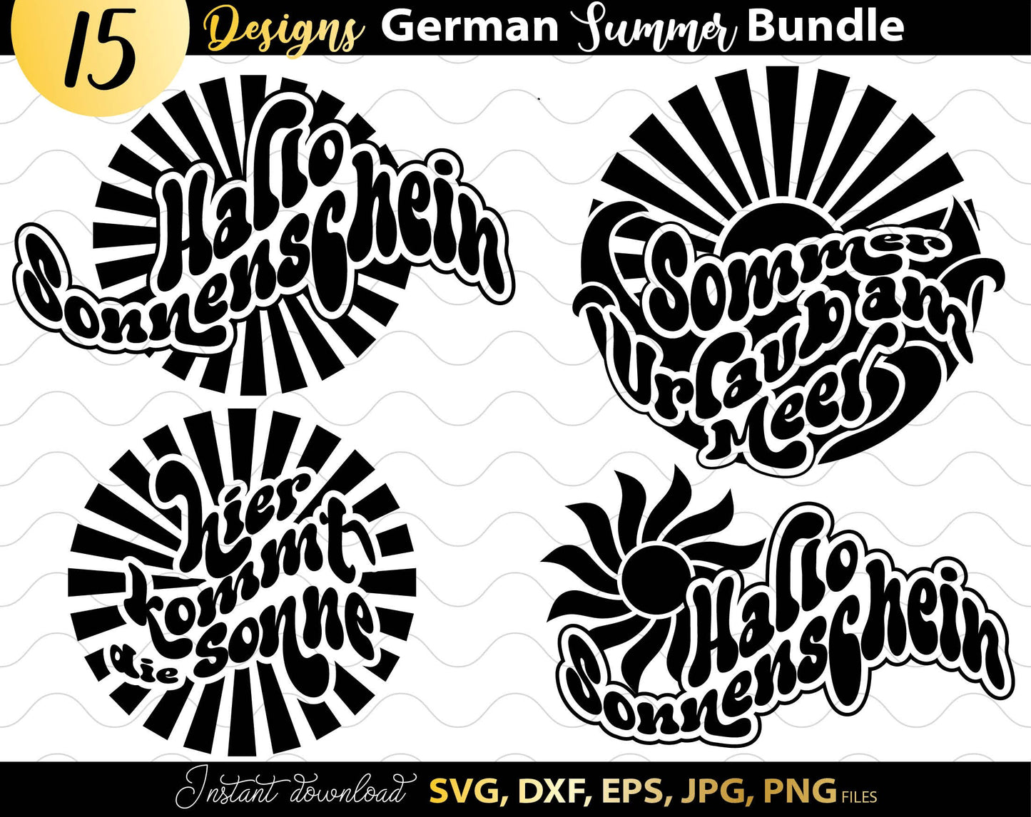 This German Sommer Svg Bundle will help you create a unique designs for your projects. All Plotter Cut Files come with Svg, Dxf, Png, Eps and Jpg files.
This bundle includes holiday and beach design templates ready to use.