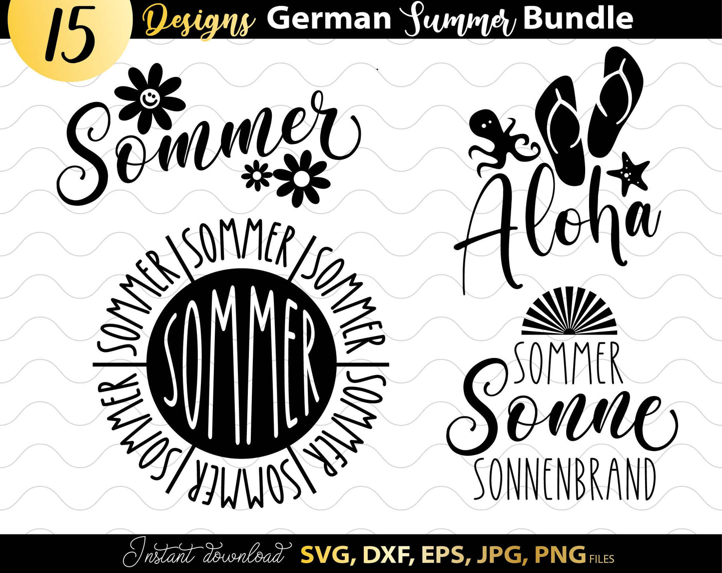 This German Sommer Svg Bundle will help you create a unique designs for your projects. All Plotter Cut Files come with Svg, Dxf, Png, Eps and Jpg files.
This bundle includes holiday and beach design templates ready to use.