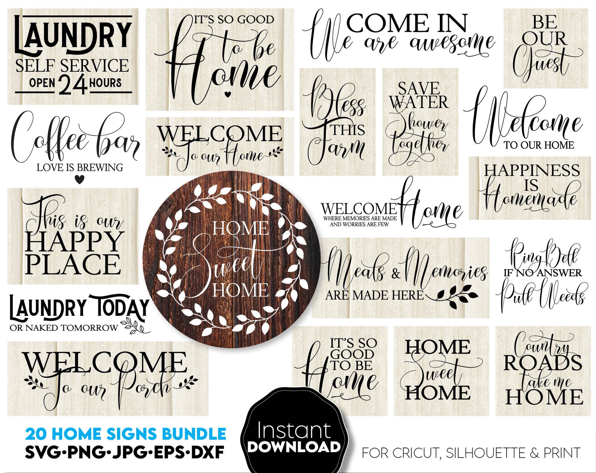 Farmhouse welcome signs svg png bundle with quotes for You home, flat or farmhouse front porch decoration with original design. Cut from Vinyl or use as laser cut files. Decorate your home and make it special!