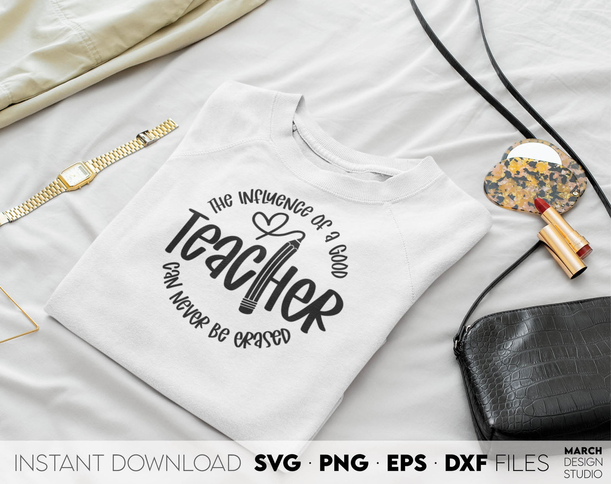 Teacher Shirt with THE INFLUENCE OF A GOOD CAN NEVER BE ERASED design you can use to surprise your teachers.
Teacher Appreciation files in various formats allow you to use design for engraving on glass, making shirts, tumblers with Cricut, Silhouette