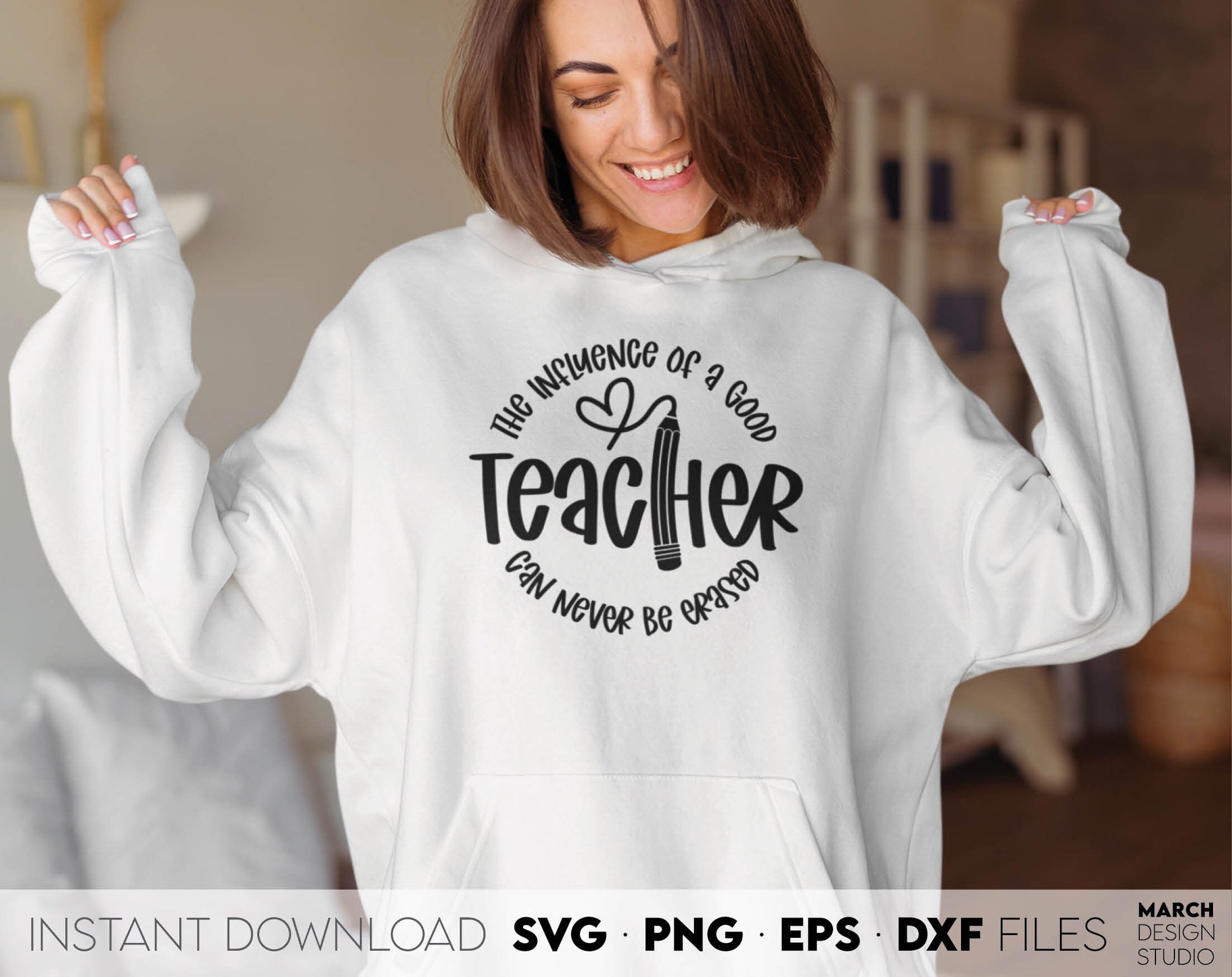 Teacher Shirt with THE INFLUENCE OF A GOOD CAN NEVER BE ERASED design you can use to surprise your teachers.
Teacher Appreciation files in various formats allow you to use design for engraving on glass, making shirts, tumblers with Cricut, Silhouette