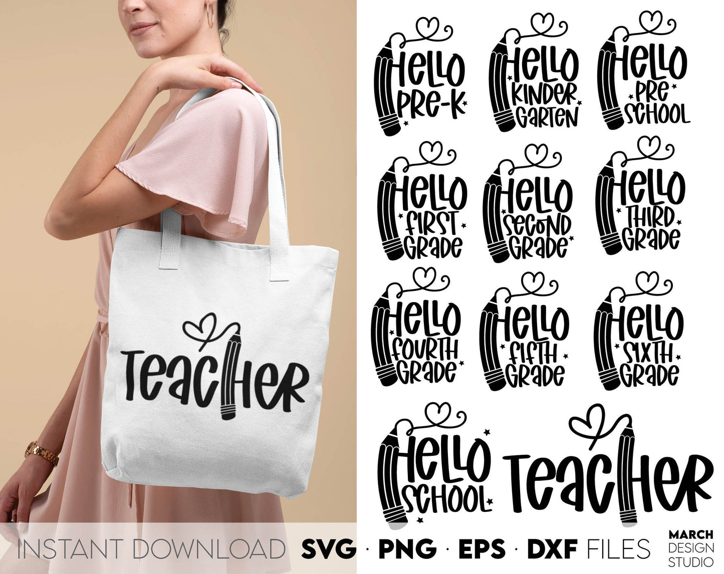 These Hello School SVG Bundle designs, and I hope you can use them to surprise and delight your students and kindergarteners. Files in various formats allow you to use making shirts, tumblers, bags with Cricut, Silhouette and Glowforge machines.