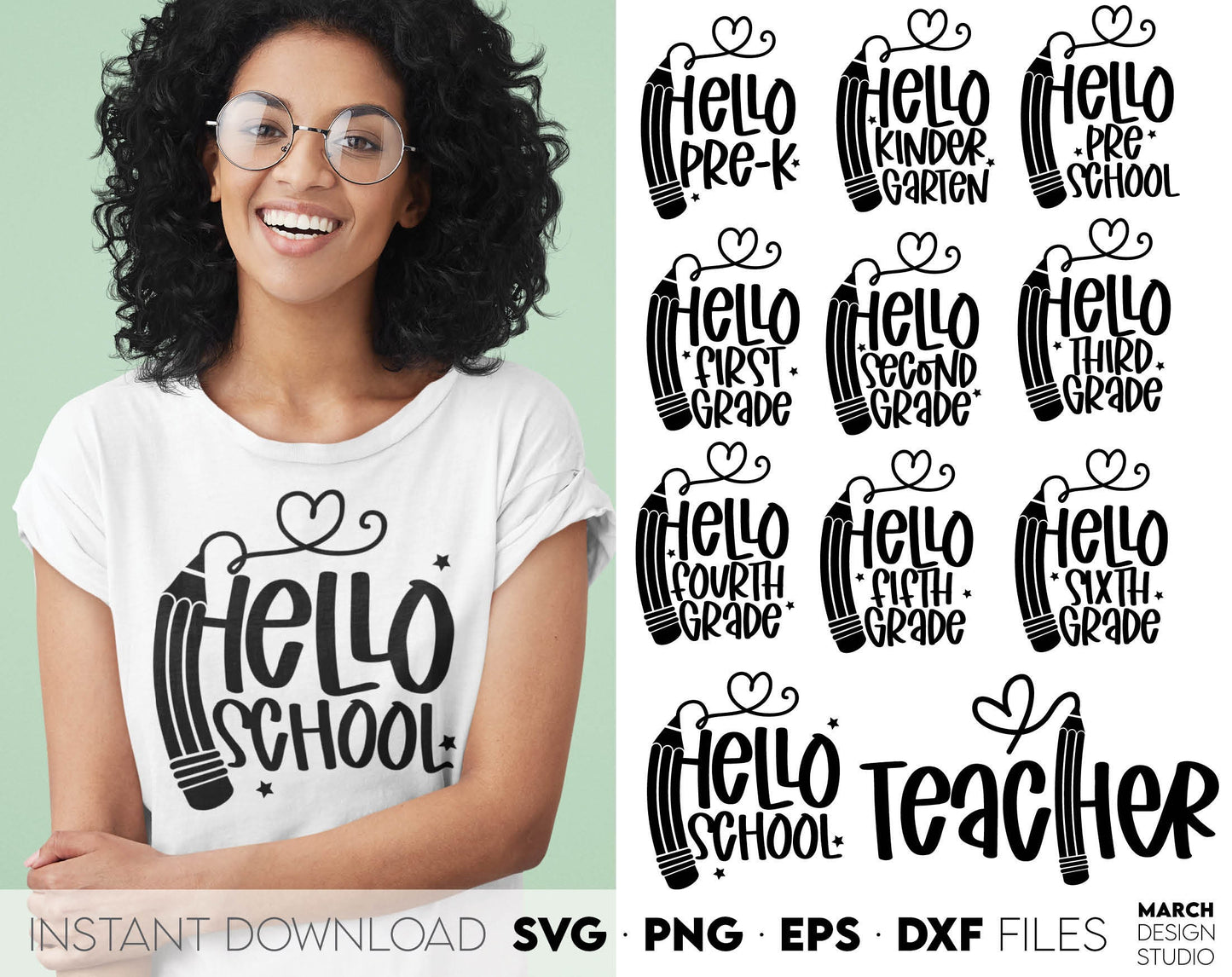 These Hello School SVG Bundle designs, and I hope you can use them to surprise and delight your students and kindergarteners. Files in various formats allow you to use making shirts, tumblers, bags with Cricut, Silhouette and Glowforge machines.