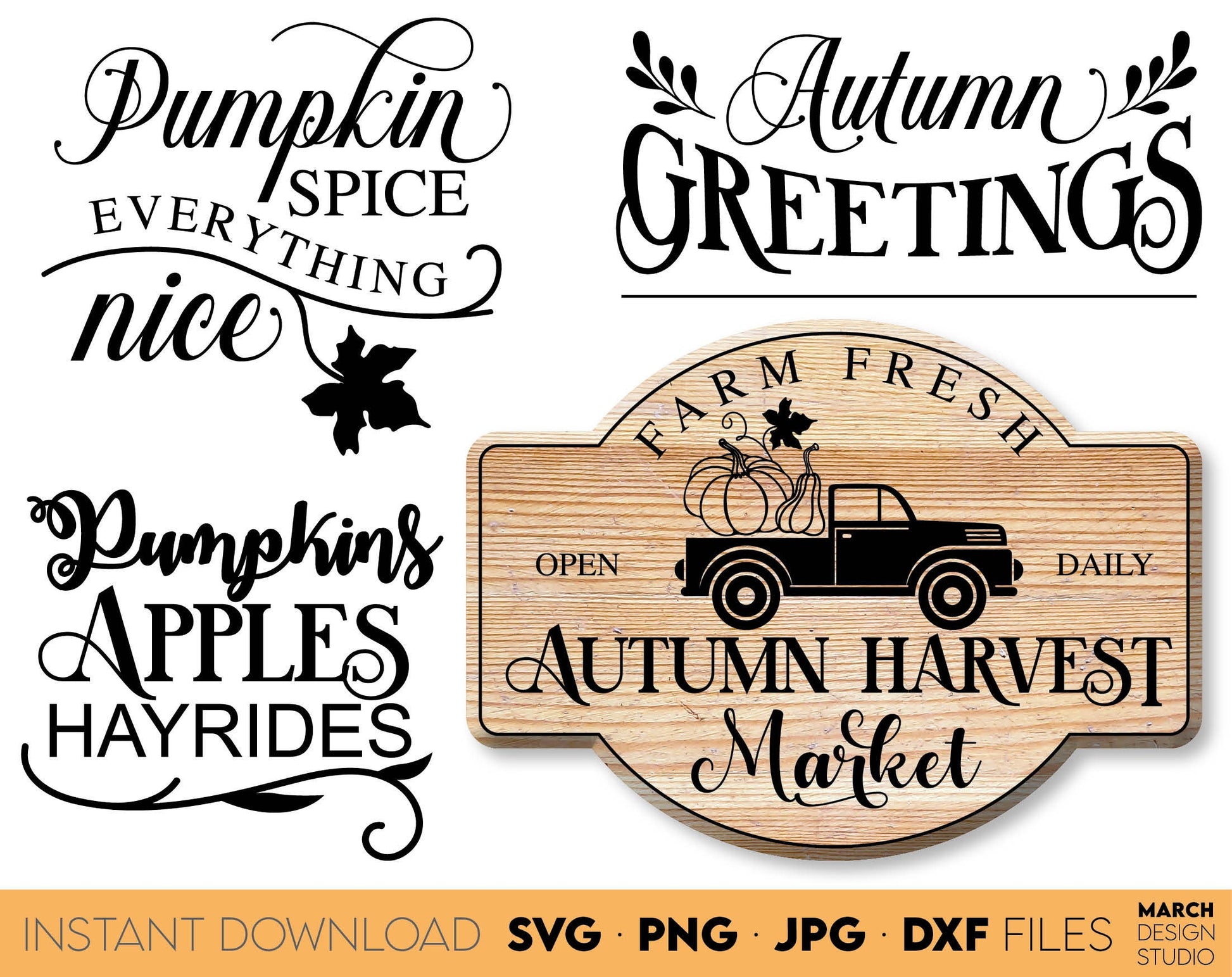 Farm fresh Autumn Market Sign SVG bundle. Design for Farmers Market. Files Compatible with Cricut, Silhouette or Glowforge. Decorate Your Farmhouse or Autumn Market with beautiful signs. Buy now for a good price.