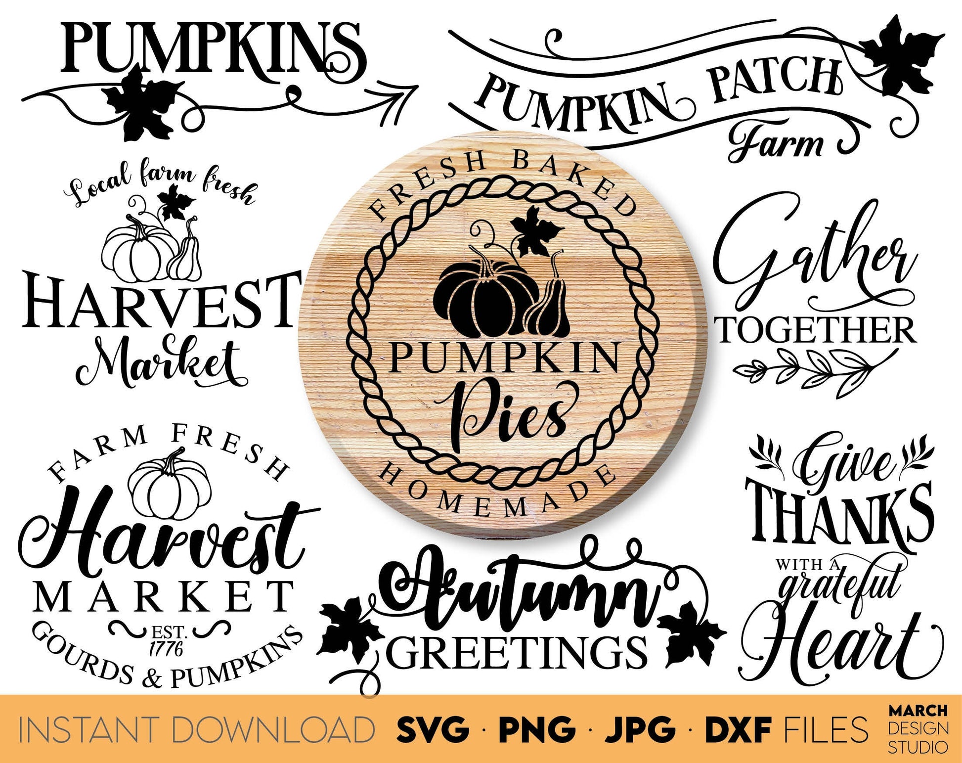 Farm fresh Autumn Market Sign SVG bundle. Design for Farmers Market. Files Compatible with Cricut, Silhouette or Glowforge. Decorate Your Farmhouse or Autumn Market with beautiful signs. Buy now for a good price.