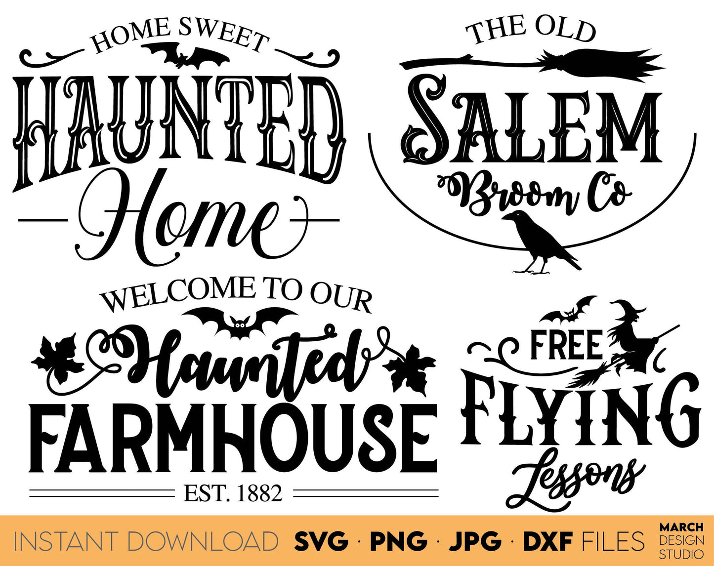 Vintage Halloween Signs SVG Bundle design for your Halloween projects. The SVG, PNG, DXF, EPS or JPG file format allows this design to be used for shirts, mugs, wall decorations or front porch door decorations. Files also designed for laser cutting.