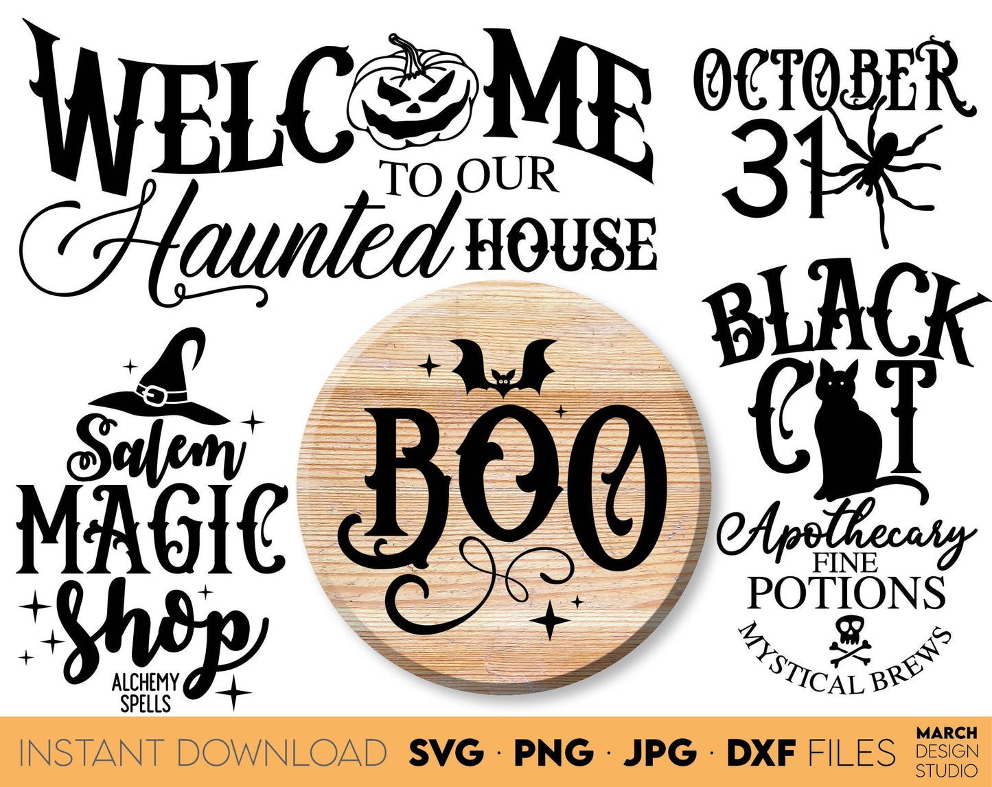 Vintage Halloween Signs SVG Bundle design for your Halloween projects. The SVG, PNG, DXF, EPS or JPG file format allows this design to be used for shirts, mugs, wall decorations or front porch door decorations. Files also designed for laser cutting.