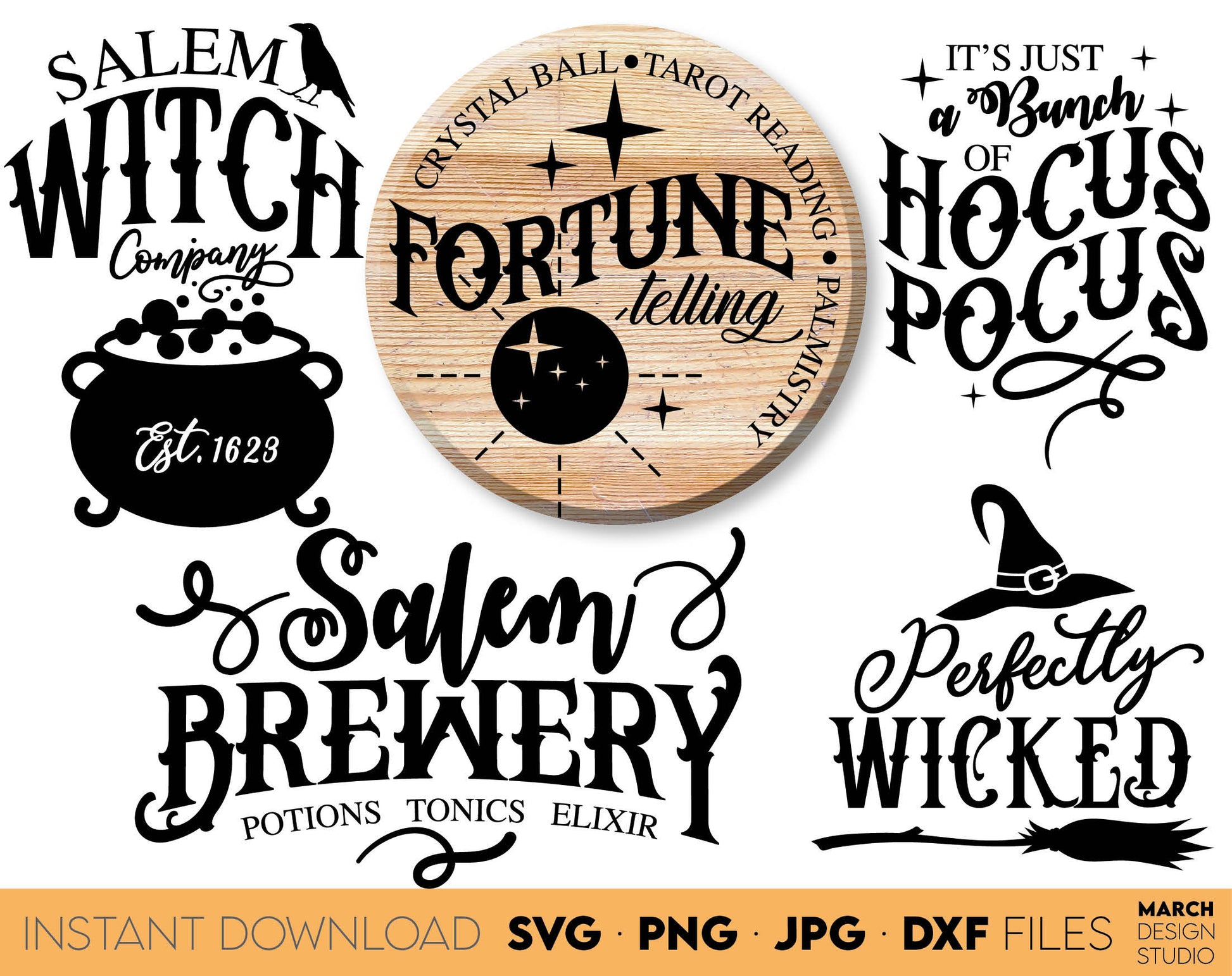 Vintage Halloween Signs SVG Bundle design for your Halloween projects. The SVG, PNG, DXF, EPS or JPG file format allows this design to be used for shirts, mugs, wall decorations or front porch door decorations. Files also designed for laser cutting.