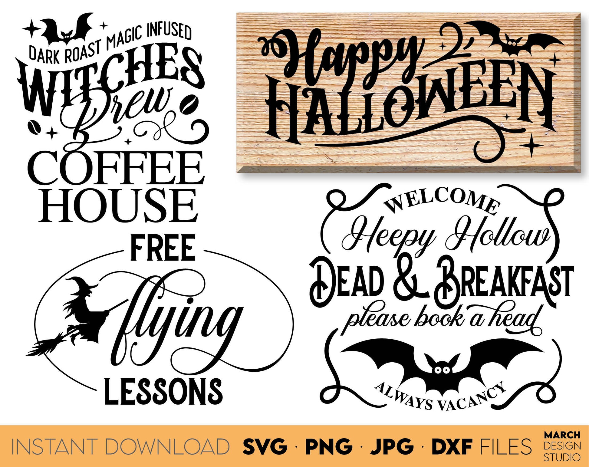 Vintage Halloween Signs SVG Bundle design for your Halloween projects. The SVG, PNG, DXF, EPS or JPG file format allows this design to be used for shirts, mugs, wall decorations or front porch door decorations. Files also designed for laser cutting.