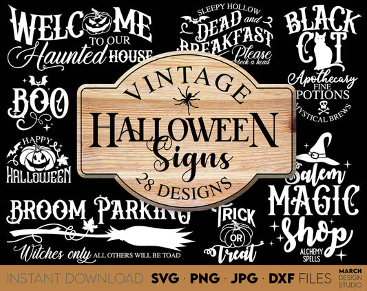 Vintage Halloween Signs SVG Bundle design for your Halloween projects. The SVG, PNG, DXF, EPS or JPG file format allows this design to be used for shirts, mugs, wall decorations or front porch door decorations. Files also designed for laser cutting.